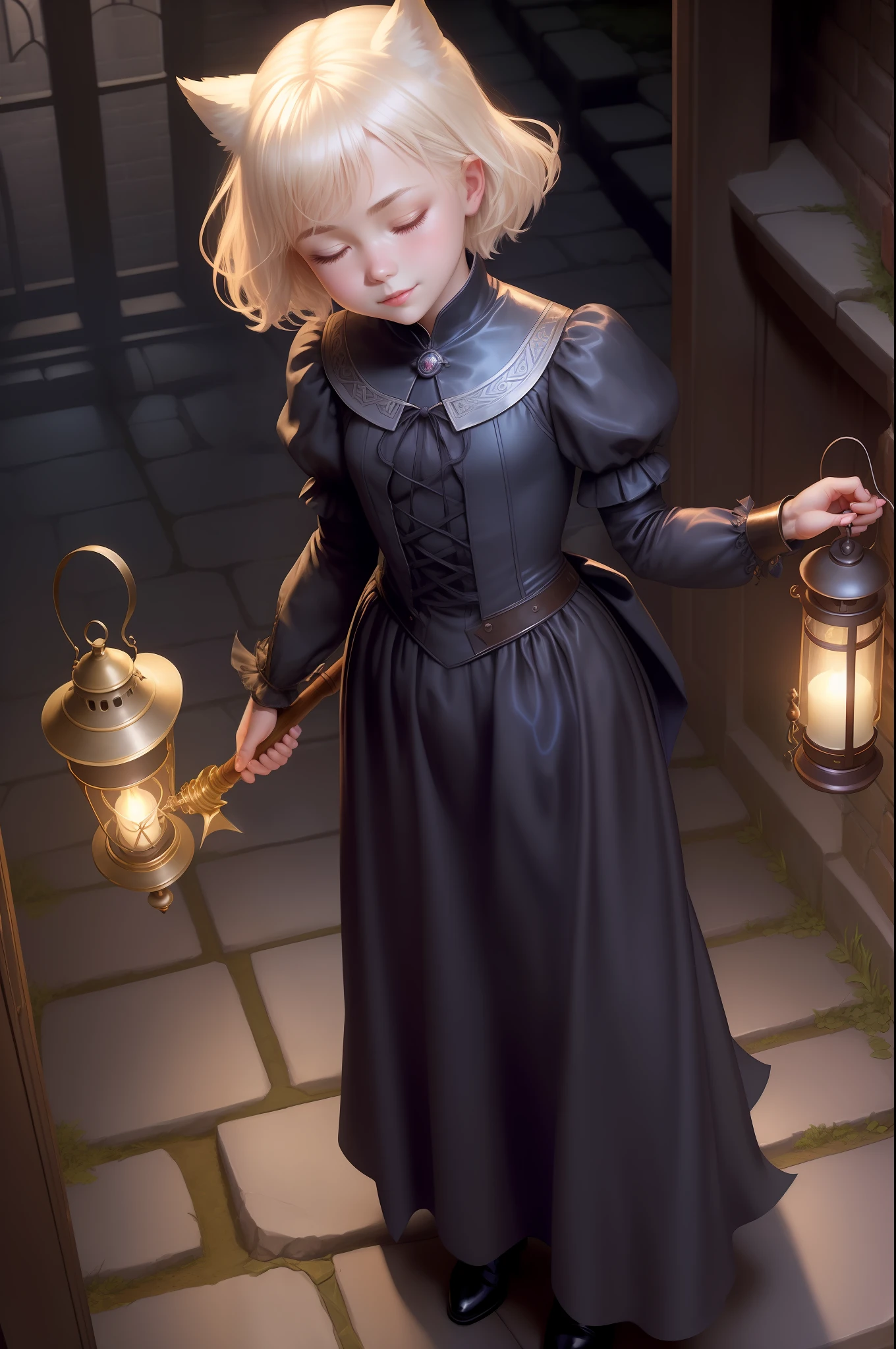Top image quality、​masterpiece、Leyendecker's style、Fantasy 3D、The underground maze of the old castle、Nordic beautiful girl、Eyes closed、Smirking expression、Pretty small face、Light makeup、Two cat ears、Platinum blonde short hair、tiny chest、short waist、Big ass、Sit on crumbled stones、alchemist、Full body like、Holding a magic wand in his right hand、Hanging a lantern in your left hand、Gothic dress with long sleeves、long  skirt、Leather boots、The room behind me glows blue、Faceless figure in hood、holding lantern、Lots of glowing spheres、rubble、thirds rule、Ultra-wide low-angle