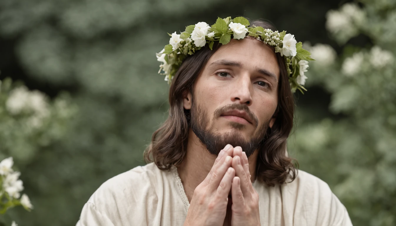 Jesus Christ praying looking up to the heavens prostrate in a garden