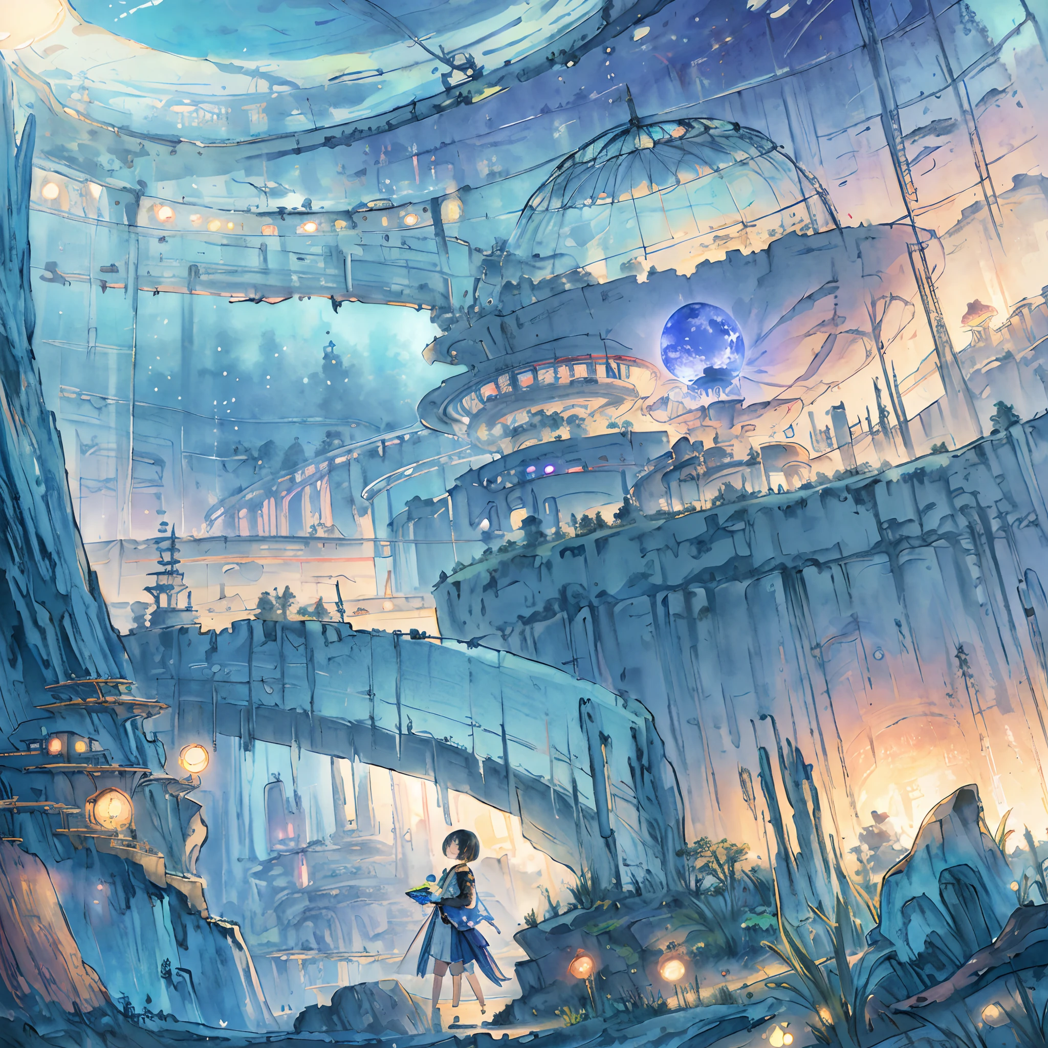 best quality, masterpiece, extremely detailed, detailed background, anime, 1girl, young girl, short girl, sci-fi, indoors, night, artificial ecosystem, utopia, landscape, scenery, panorama, science fiction, solo focus, close up, depth of field, bokeh, atmospheric lighting, megastructure, glass dome, bio-dome