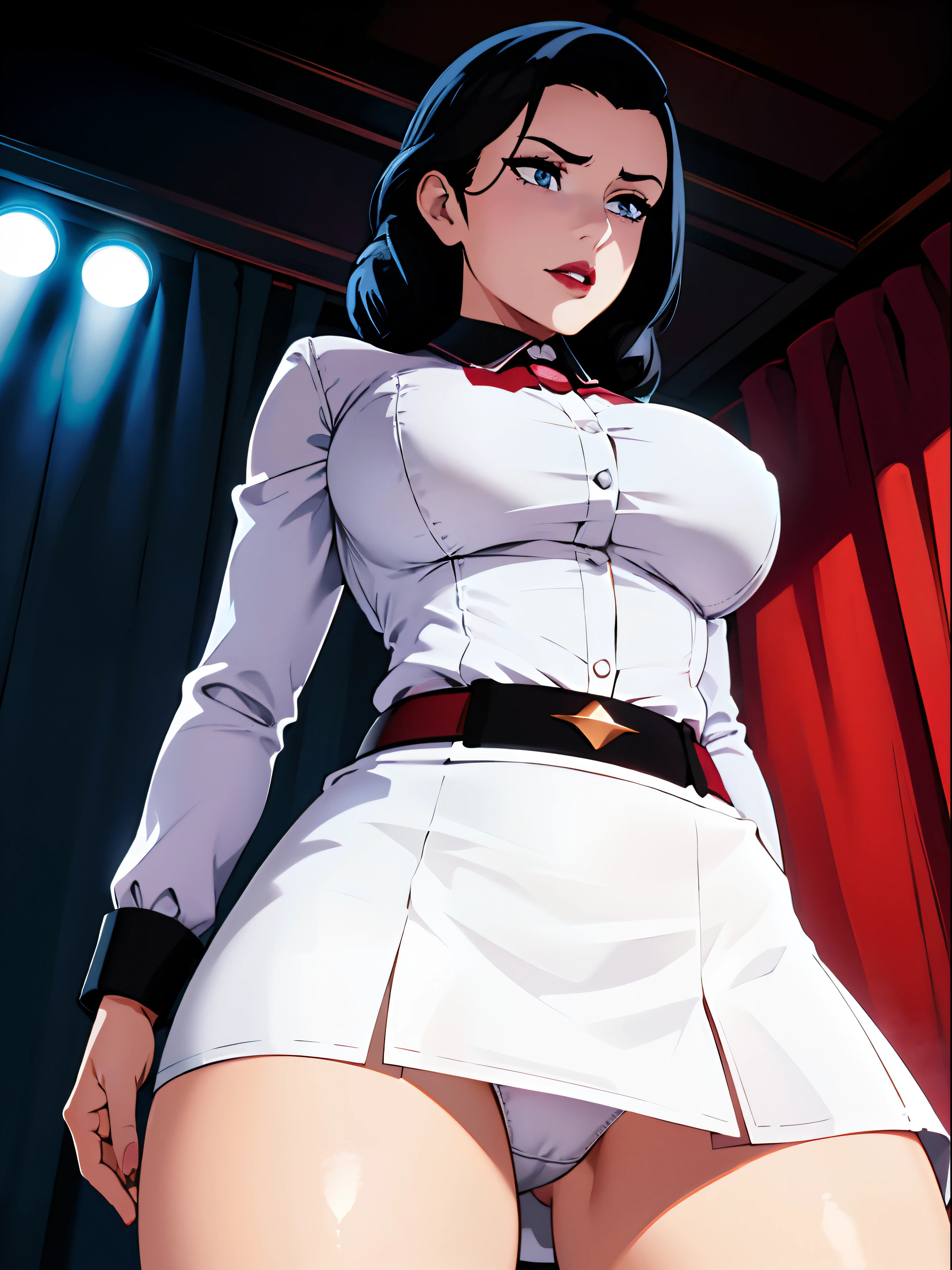 Elizabeth comstock, white blouse, black skirt, big breasts, serious look, epic pose, heroic, red lipstick, (8k, RAW photo, best quality, masterpiece:1.2),ultra-detailed, (high detailed skin:1.2), 8k uhd, dslr, soft lighting, high quality, upskirt, (white panties: 2), (visible panties: 2), (lifting her skirt: 2), (big boobs: 2.5), (from below: 3)