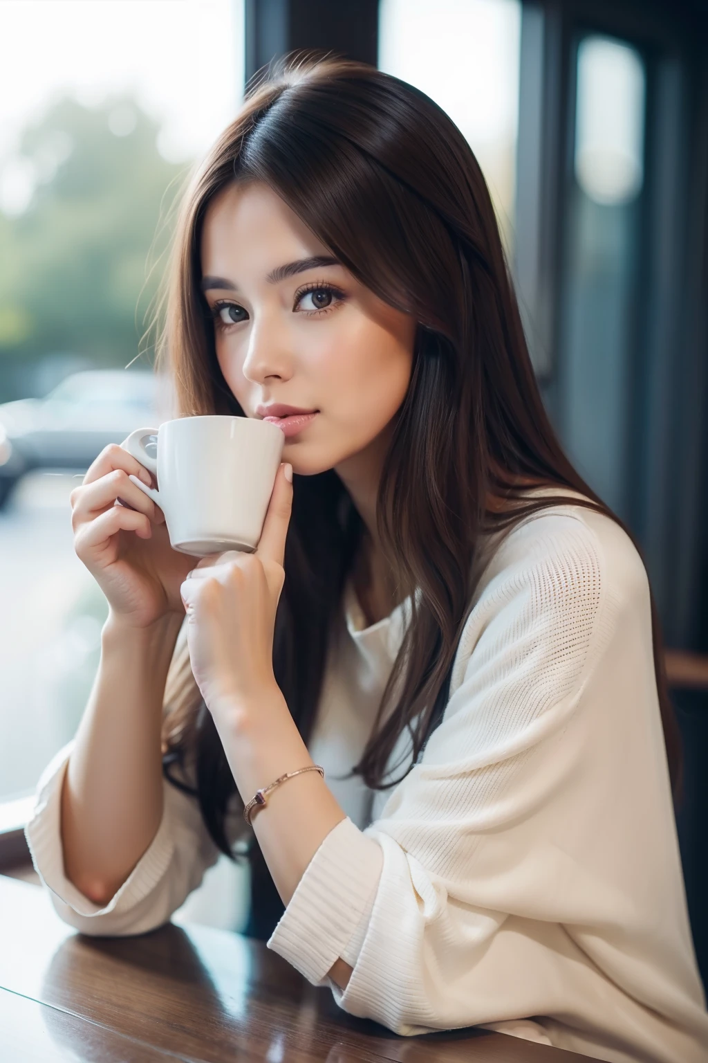 Médium shot of a brunette woman, drinking her coffee