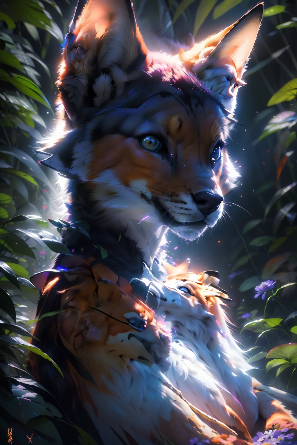 Raposa antropomorphic realista de cores vivas iriscente com olhos brilhantes e cauda brilhante, ultra realistic antropomorph ethereal fox, raposa digital iriscente, arte de fantasia digital colorida, arte digital luminescente, Arte digital altamente detalhada em 4k, 8k arte impressionante, Arte bonita UHD 4K, Arte digital detalhada em 4k,