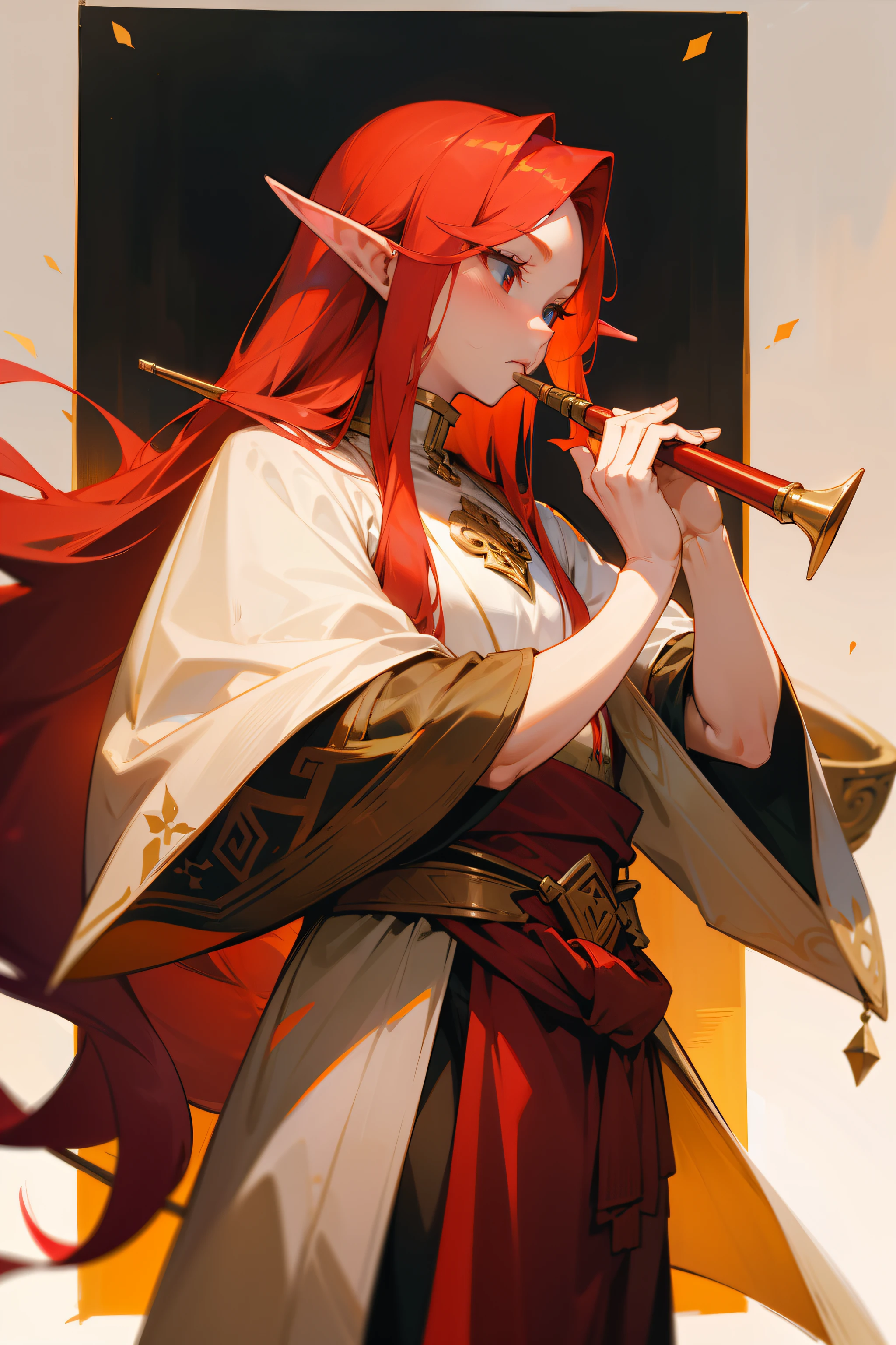 Make a tall redheaded elf with pointed ears and long hair, calm face, big chest, playing the flute