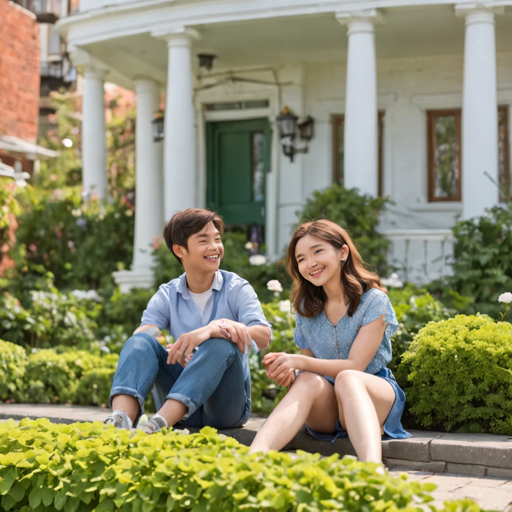 Pixar illustration, flattened illustration, a couple happily sitting on the balcony, a boy wearing short sleeved shorts, happily playing the guitar, a girl wearing a short sleeved skirt, smiling at the distance, the flowers and green leaves in the foreground are very bright, flowers, roads, and a house in the middle, with a background of blue sky and white clouds, bright colors, high saturation, outline light, dazzling, blue tone, warm and bright, colorful, AI vector illustration, high-quality, illustration, high-definition,-- niji