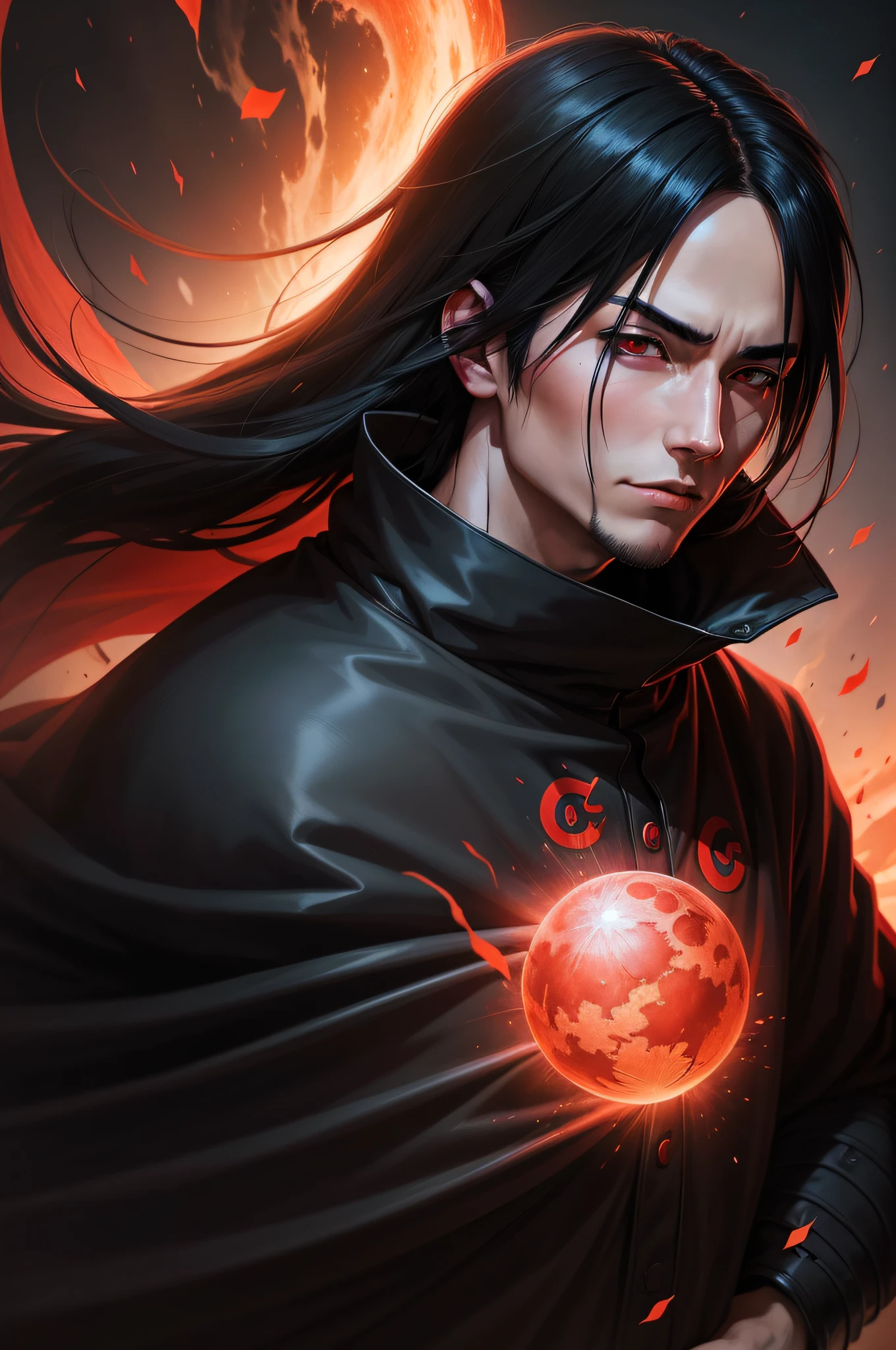 there is a young man covered in black cape with red cloud drawing, itachi uchiha, itachi, akatsuki akira, itatchi uchiha, epic digital art illustration, shinobi, naruto artstyle, pain from naruto, no headband, red moon in the background, red theme,