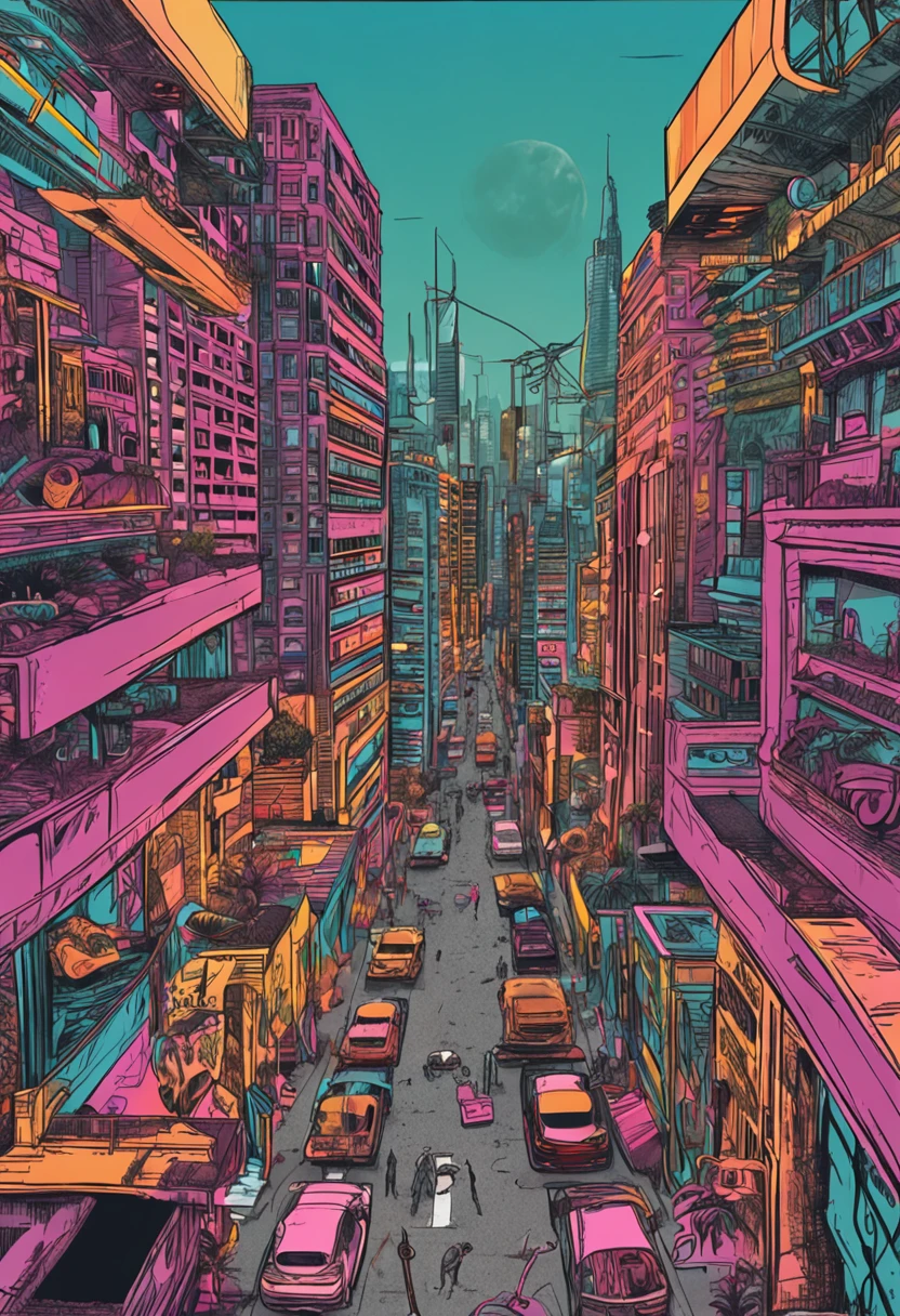 garota sten punk em cidade futuristica vista de baixo