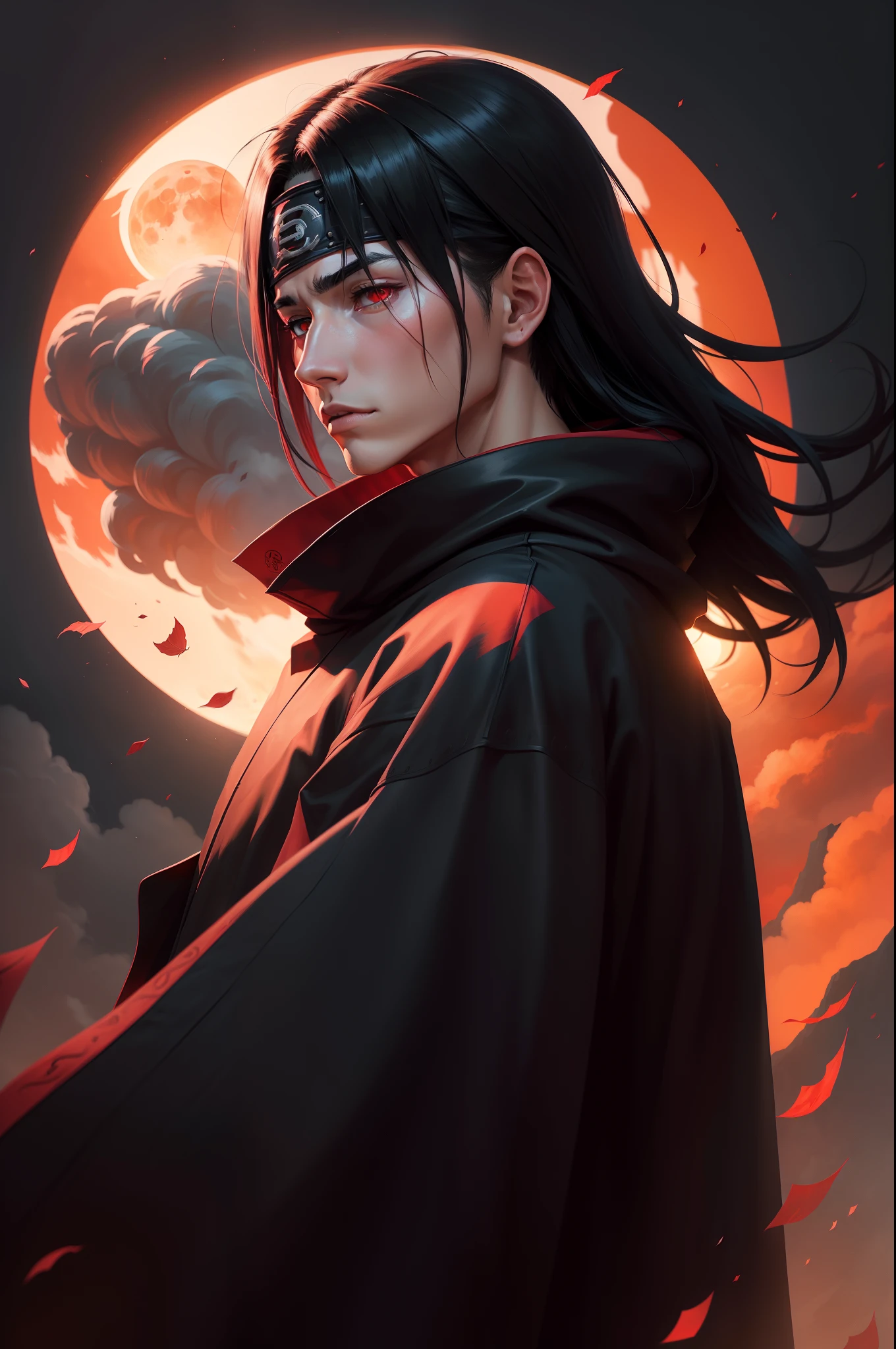 a young man covered in black cape with red cloud drawing or akatsuki robe from naruto, itachi uchiha, itachi, akatsuki akira, itatchi uchiha, epic digital art illustration, shinobi, naruto artstyle, no headband, red moon in the background, red theme, from naruto