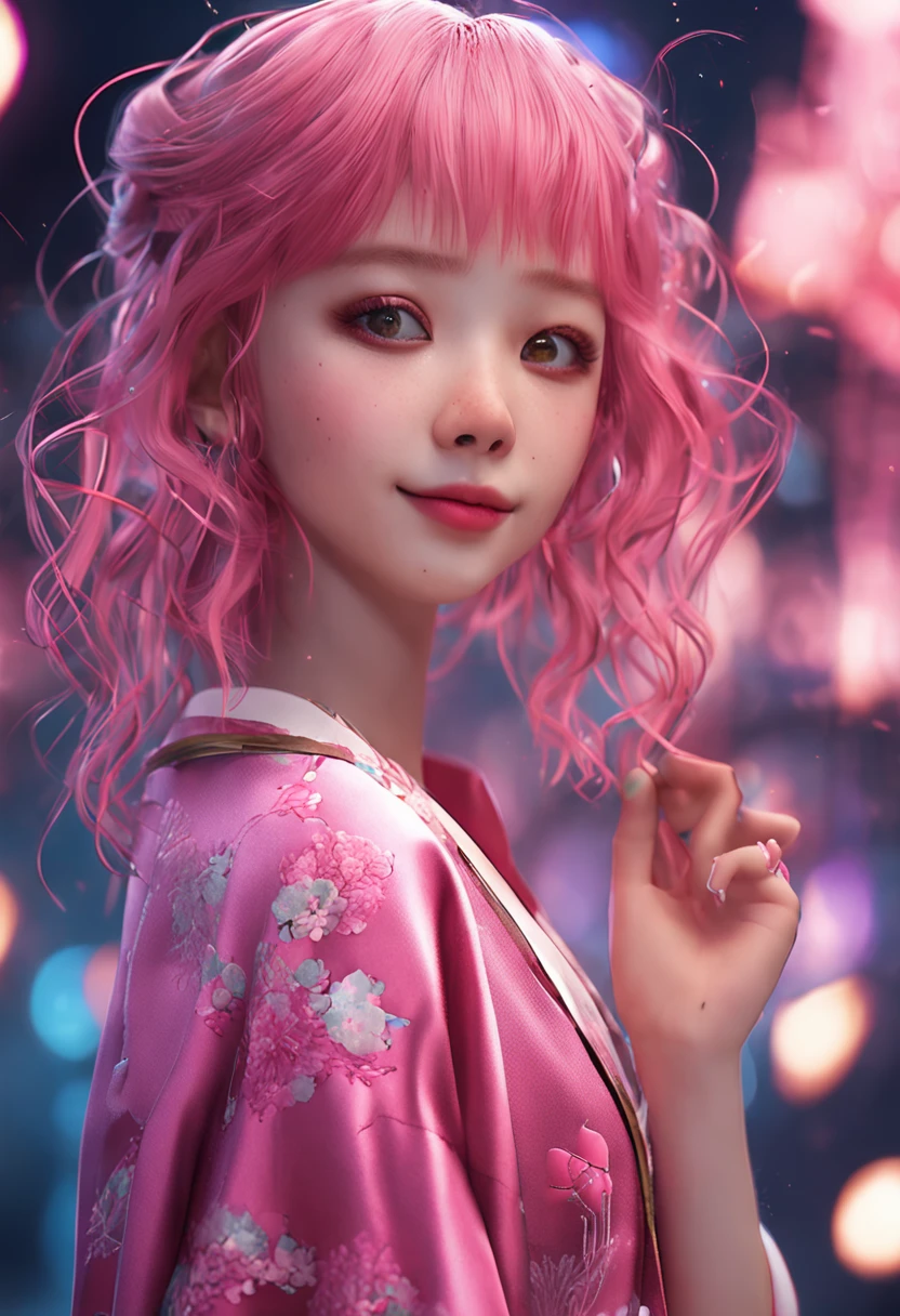 (incredibly absurdres, ultra-detailed,8k wallpaper),(masterpiece),(realistic),(photorealistic:1.2),(raw photo:1.2), (best quality:1.2), (detailed face :1.4),(beautiful detailed eyes :1.2),(detailed hair), pink hair, 18 years old girl, flirting on camera, in traditional japanese kimono, night, kyoto, fireworks,(beautiful,cute:1.4)
