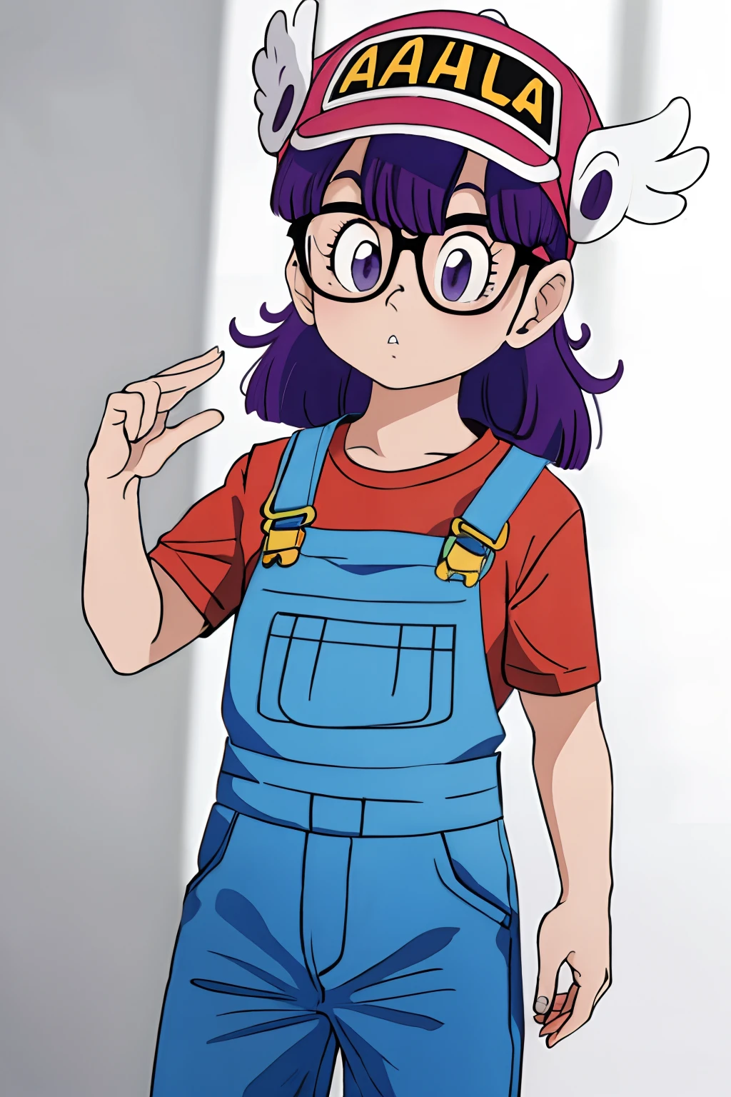 (master part, best quality;1.3), ultra detalhado, 1girl, sozinho,corpo completo, Arale, glasses, olhos azuis, cabelos longos,cabelo roxo, mangas curtas, wing hat, tampa da asa, camisa vermelha, blue overalls, sorrir,