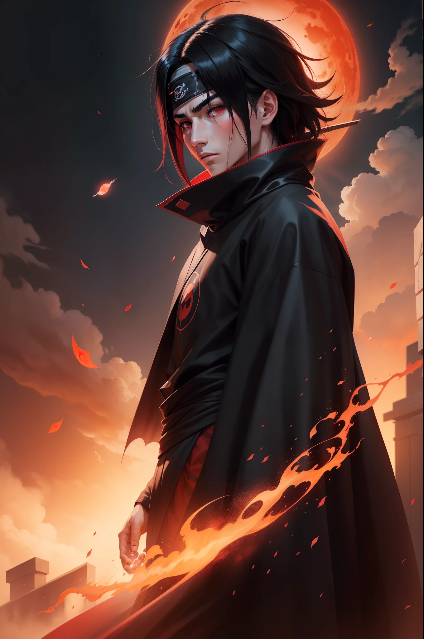 a young man covered in black cape with red cloud drawing or akatsuki robe from naruto, itachi uchiha, itachi, akatsuki akira, itatchi uchiha, epic digital art illustration, shinobi, naruto artstyle, no headband, red moon in the background, red theme, from naruto