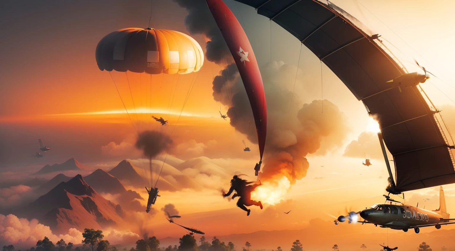 Plane on fire, falling, pilot jumping with parachute, forest in the background, vietnam war