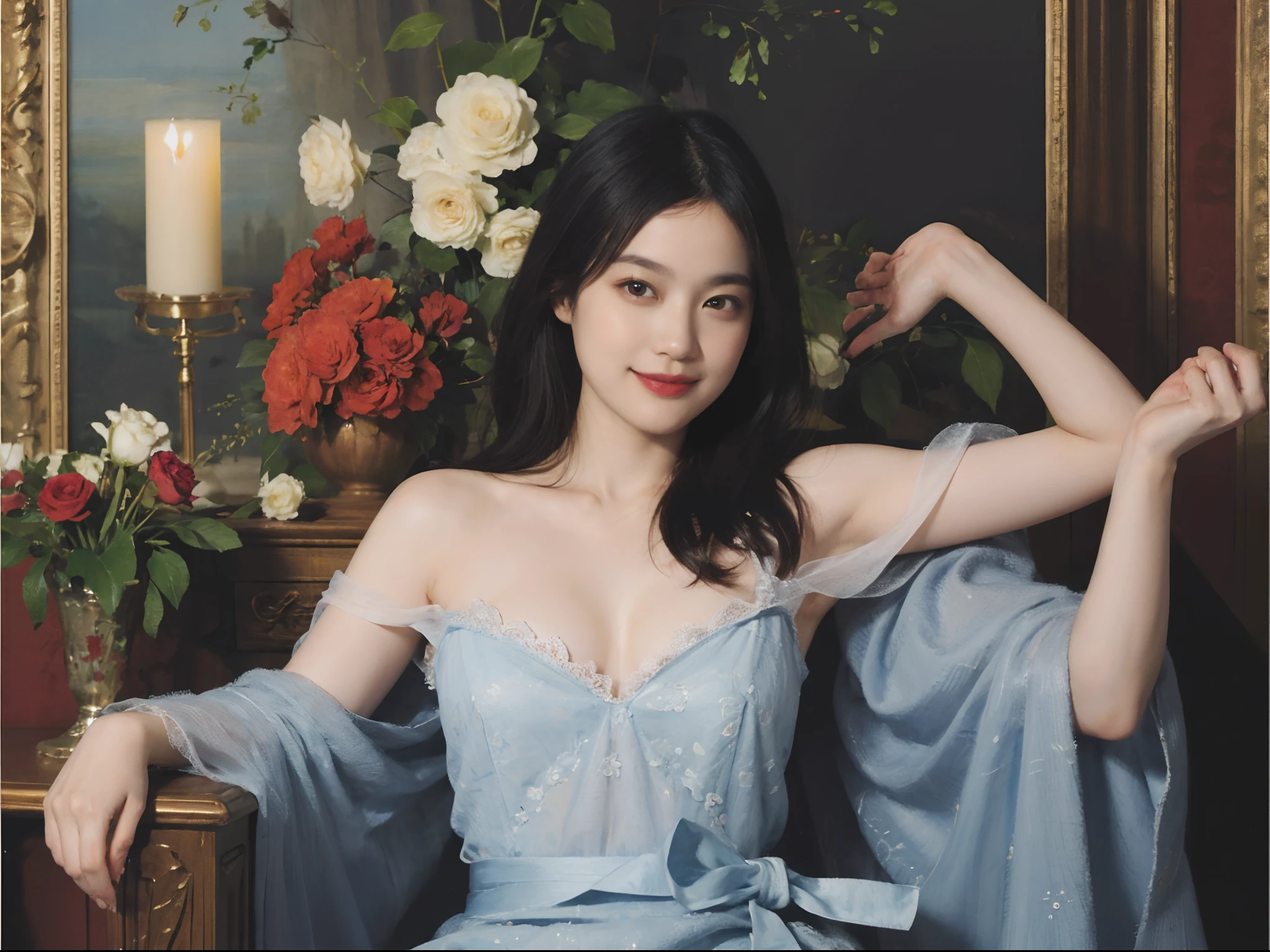 (Oil Painting: 1.5), \\ Woman with short black hair, ((Luxurious room)), (Amy Saul: 0.248), (Stanley Agar Liu: 0.106), (detailed paintings: 0.353), (Gothic art: 0.106), vases, with floral pattern, (((A slight smil)))