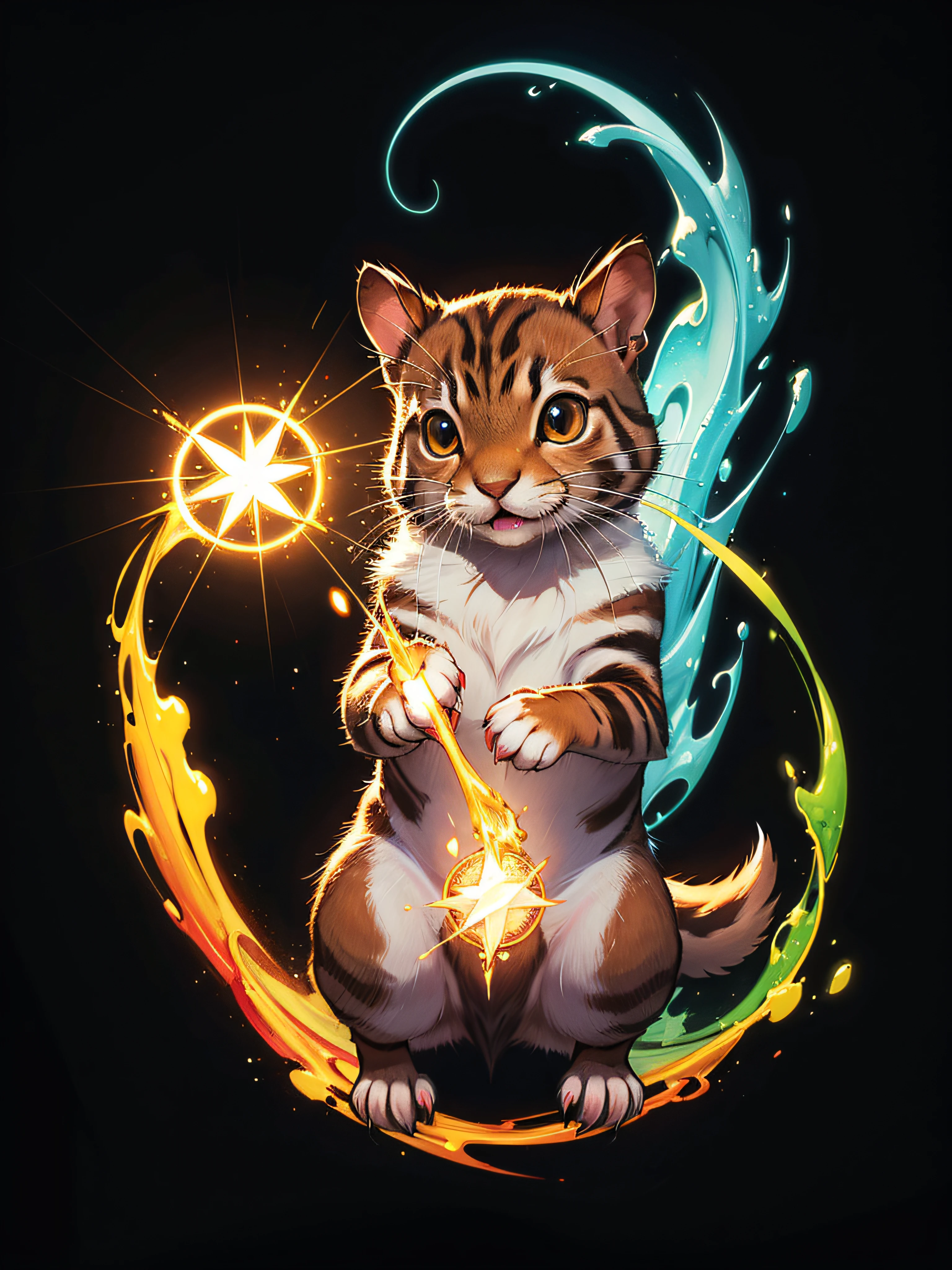 a painting of a colorful squirrel on a black background,, breathtaking rendering, within a radiant connection, inspired by Kinuko Y. Craft,, magical elements, kitten icon, wow, is beautiful, casting a multi colorful spell, bright flash, flash