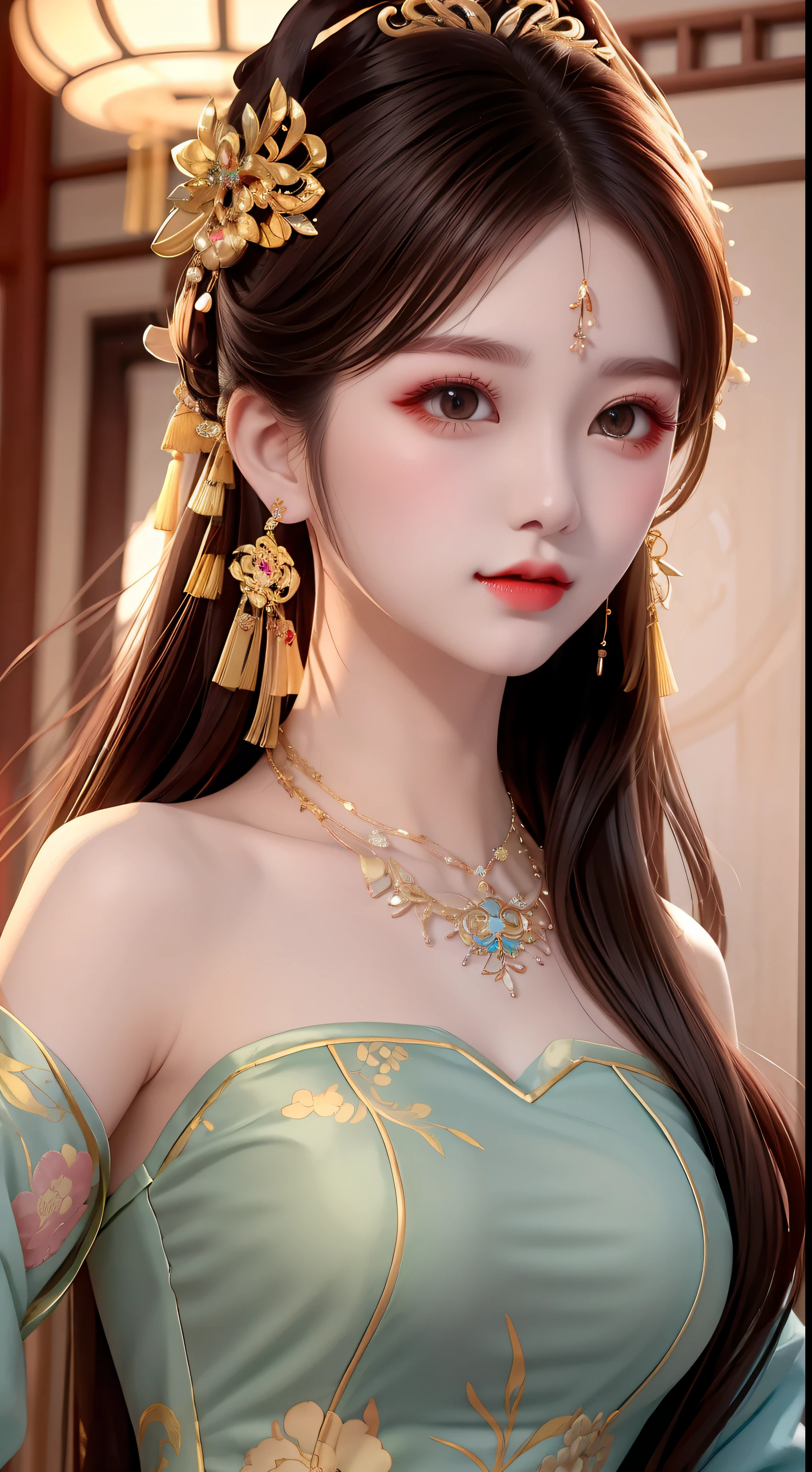 best quality, masterpiece, highres, 1girl,china dress,hair ornament,necklace, jewelry,Beautiful face,upon_body, tyndall effect,photorealistic, dark studio, rim lighting, two tone lighting,(high detailed skin:1.2), 8k uhd, dslr, soft lighting, high quality, volumetric lighting, candid, Photograph, high resolution, 4k, 8k, Bokeh, Wet-breasted Hanfu open V-chested clothes, All pictures, Wet body of thin silk fabric, Thin silk lace petticoat,princess 10 yeald old cute, (huge ,cleavage),petticoat, white pink, blue ,best qualtiy,tmasterpiece,Ultra-high resolution,(Reality:1.4),RAW photogr,(True skin texture:1.3),(filmgrain:1.3),(Selfie angle),1个Giant Breast Girl,Beautiful eye and face details,tmasterpiece,Best quality at best,exposing thighs,Bigchest,The chest is more exposed, pattern on fabric