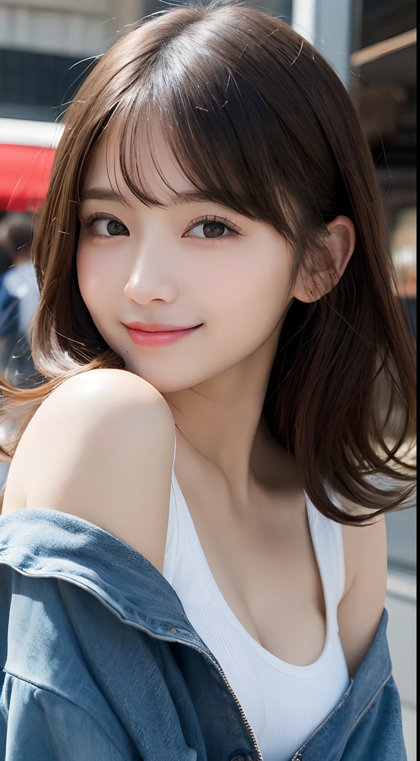 masutepiece, Best Quality, Illustration, Ultra-detailed, finely detail, hight resolution, 8K Wallpaper, Perfect dynamic composition, Beautiful detailed eyes, Women's Fashion Summer,Medium Hair,Small breasts natural color lip, Bold sexy poses,Smile,Harajuku、20 years girl、Cute、Sexy shot looking at camera