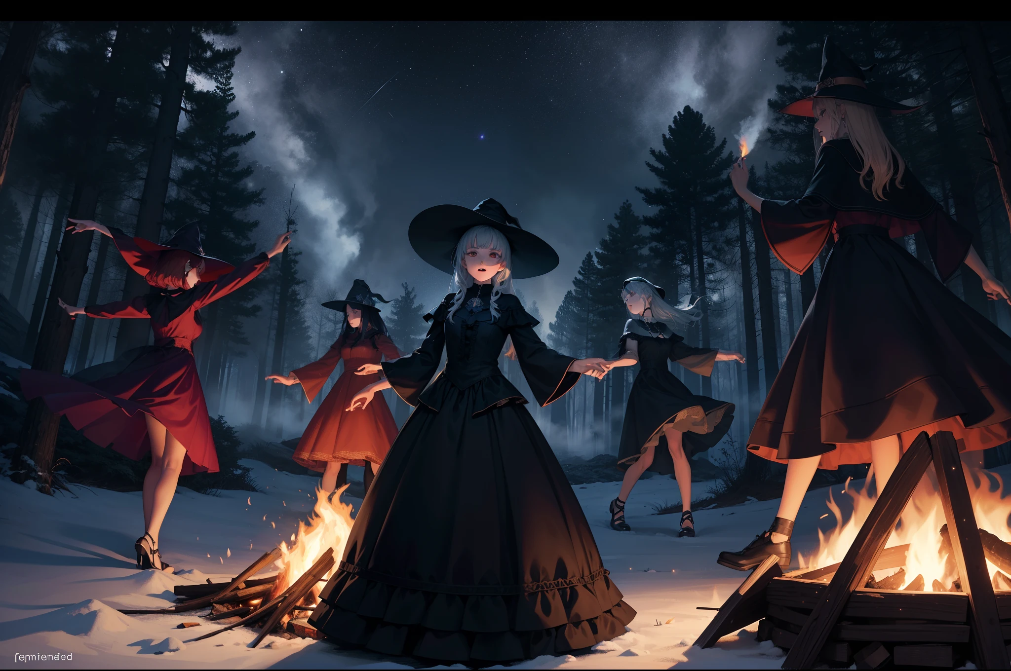 A group of witches dancing around a camp fire. They wear ponty hats and multilayered dresses made in colourful but dark satin. Dark magic foggy forest as background. Illuminated by fire, fireflies and moonlight. Dynamic scene.