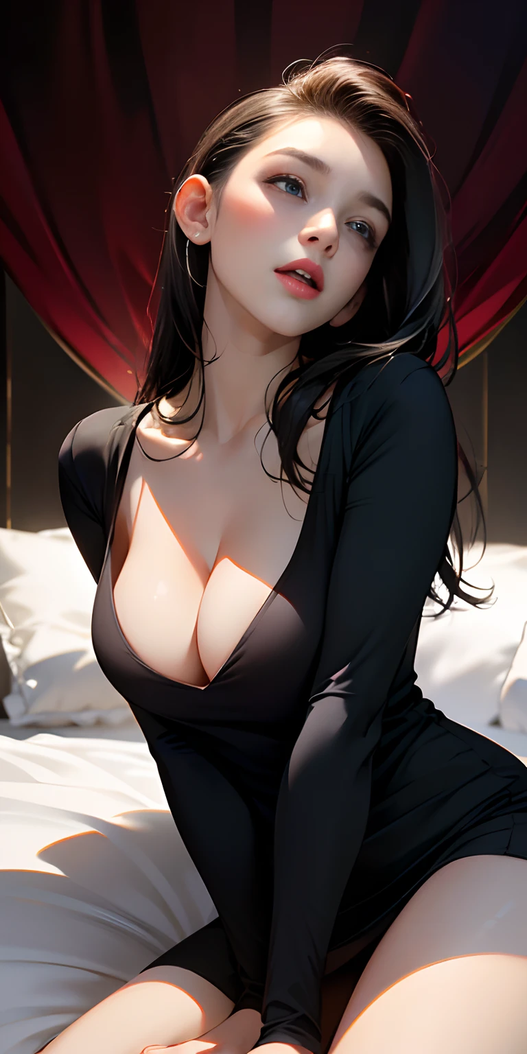 realisticlying，16 year old girl，Ghanaians、Face Real，I lust with my mouth wide open，wearing black tshirt、sit on a bed、Look straight up and look at us、Cleavage emphasis，Breasts enlarged，Cleavage emphasis，(Super large zoom of chest)、sexly
