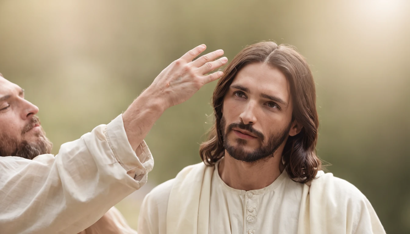 Jesus Christ putting his hands on a man's head and blessing