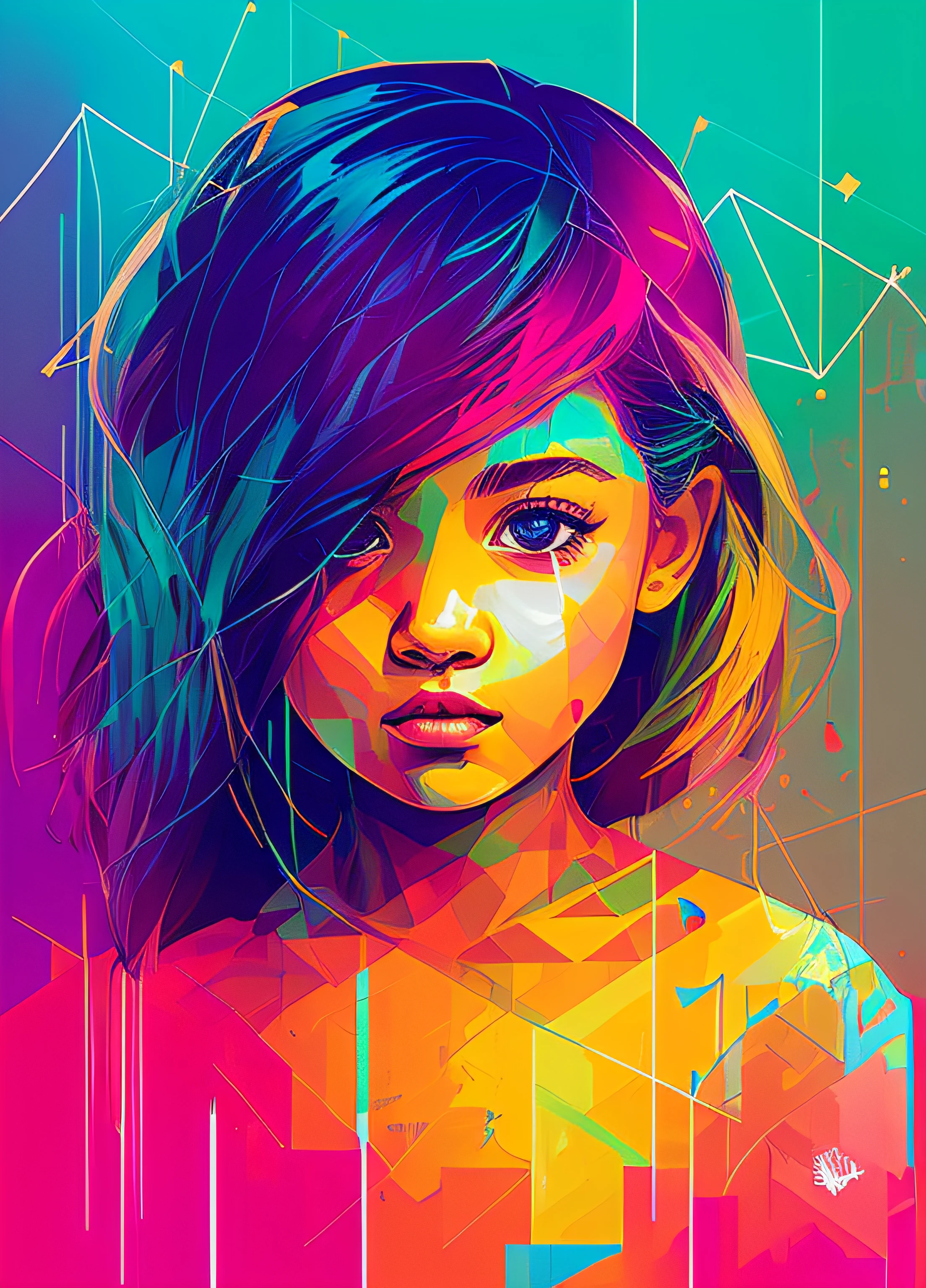 A painting of a beautiful 6--old,n a geometric background with squares and rectangles, Graffiti por Carne Griffiths, Behance, grafity, chromatic, Artwork, cores vibrantes