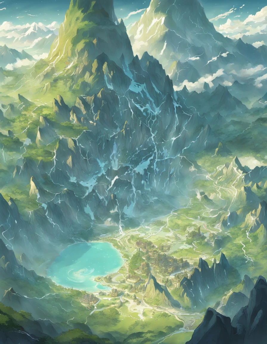Map of a fantasy continent, In the middle of the map montains and hill,north is Land of Ice, west is desert, To the east is the forest, jungle, south is magma, vulcans