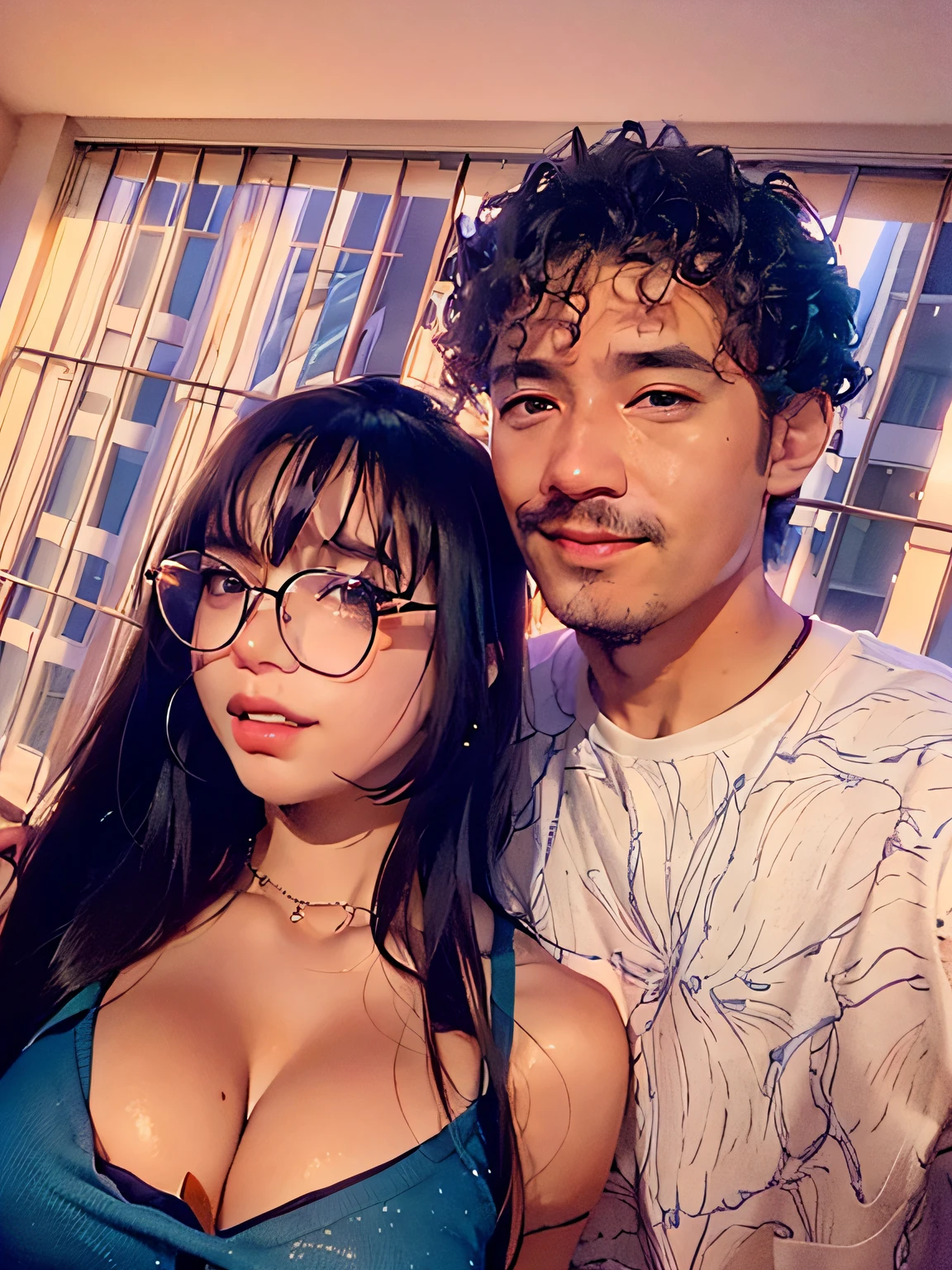 There's a man and a woman posing for a photo in front of a window, anime, realistic animation style