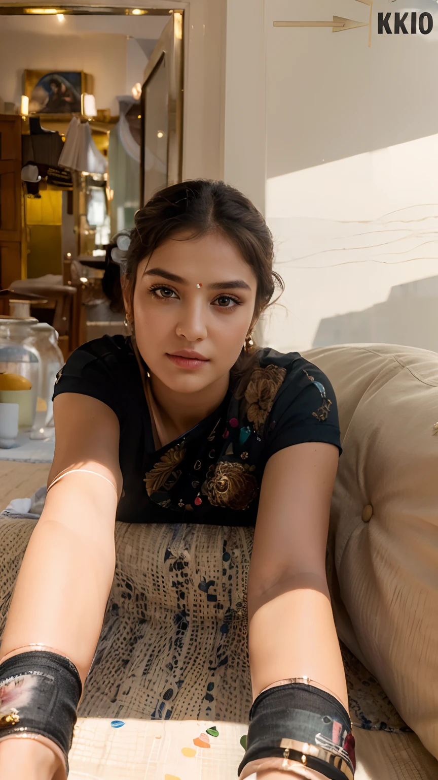 ((Best quality, 8k, Masterpiece :1.3)), 1girl, beautiful woman, (casual hairstyle,), casual wear: 1.2, interior, ultra-detailed face, delicate eyes, double eyelids, Indian, black hair, black eyes,