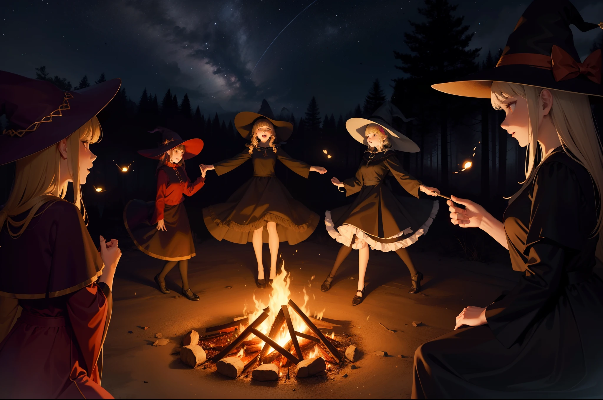 A group of witches dancing dynamically  around a camp fire. They wear ponty hats and multilayered dresses made in colourful but dark satin. Dark magic foggy forest as background. Illuminated by fire, fireflies and moonlight. Dynamic scene.