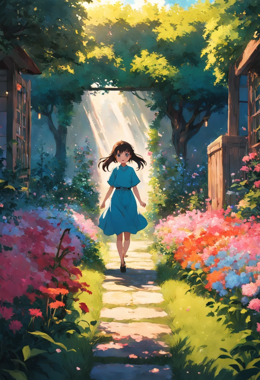 "An excited person standing in the midst of a flower-filled backyard."