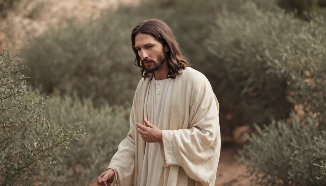 Jesus walking in the Garden of Gethsemane with the disciples