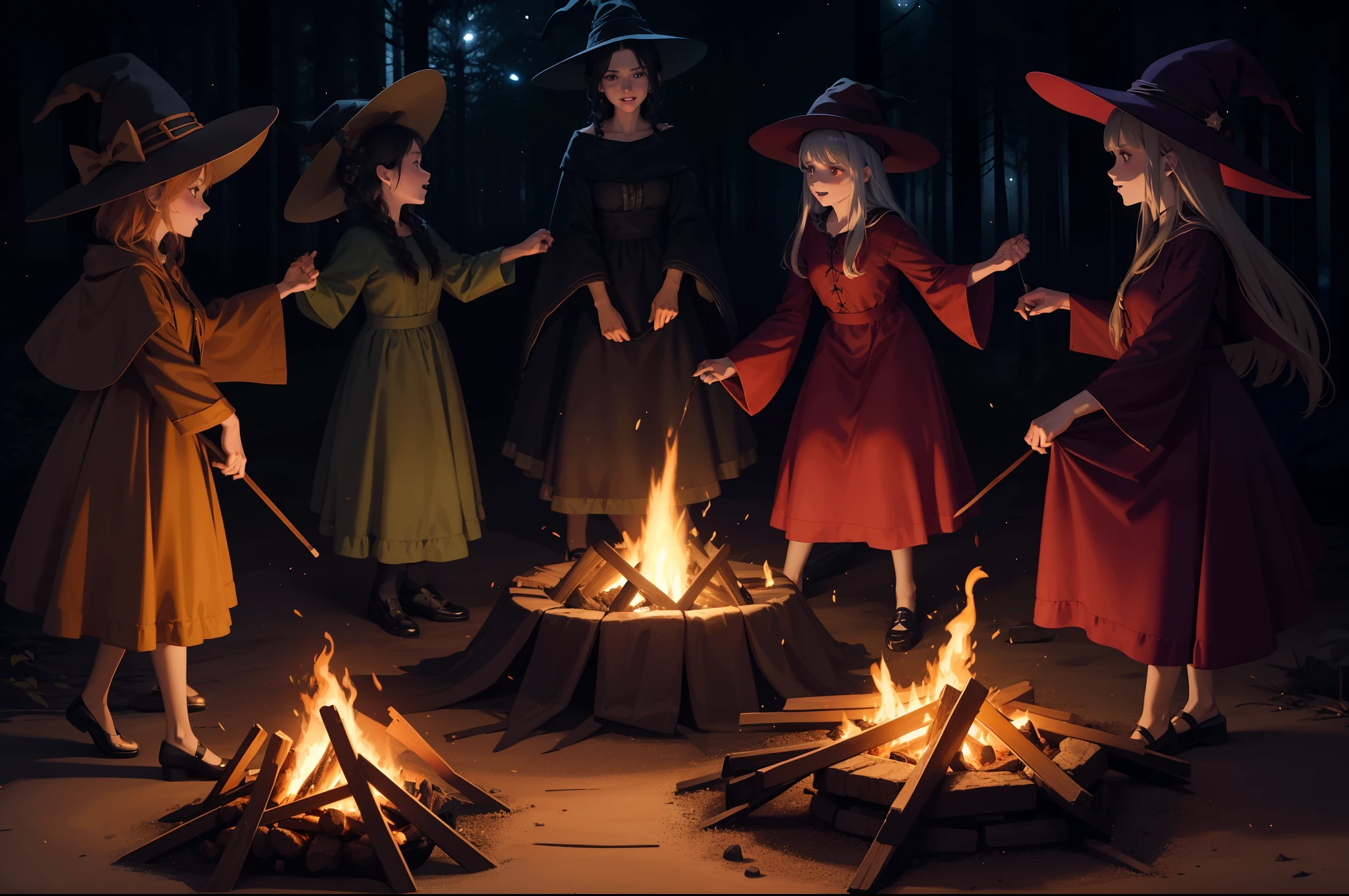 A group of witches dancing dynamically around a camp fire. They wear ponty hats and multilayered dresses made in colourful but dark satin. Dark magic foggy forest as background. Illuminated by fire, fireflies and moonlight. Dynamic scene.