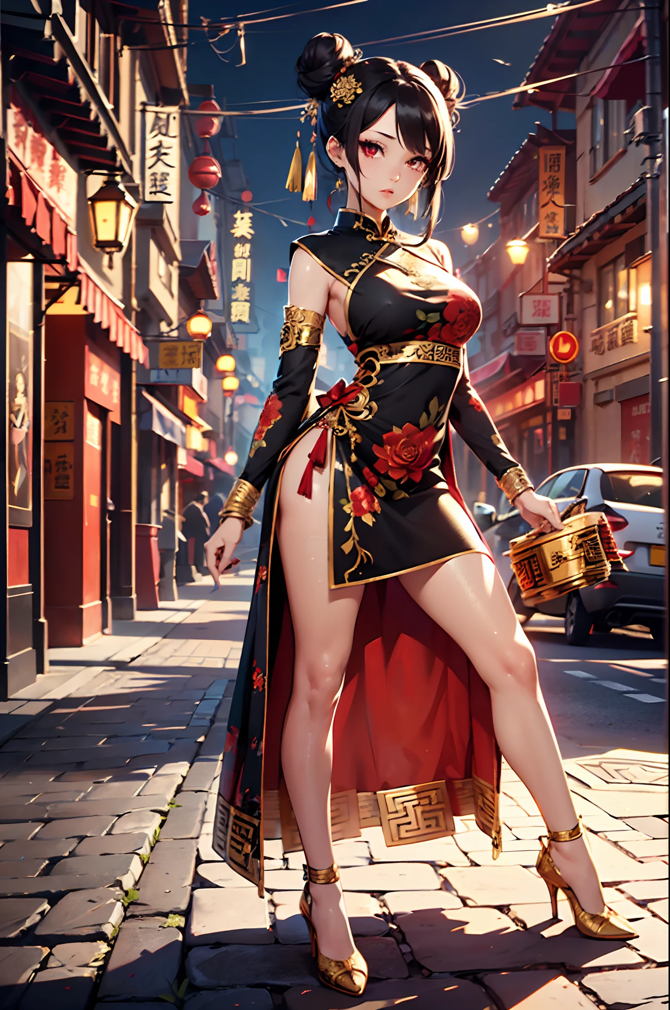 (Official art、Best Quality、Unity 8k Wallpapers、32K、masterpiece、ultra-detailliert、超A high resolution、realisitic、Photorealsitic:1.2)、(Cinematic lighting:1.2)、Fireglow effect、film grains、Best Shadows、Rim lighting、side lights、sideshot、(Ultra-detailed and complex 3D rendering)、Detailed beautiful face and eyes、A slender、Medium bust、(Full body:1.2)、 Highly detailed background、Chinese Restaurant、Carry dishes、beauitful face、blurry backround、a beauty girl、(super detailed skin、detailed skin textures:1.3)、Black hair、short-hair、Double bun、Red Eyes、Red cheongsam with gold thread embroidery、Wearing high heels、Floral hair ornament、(thighs thighs thighs thighs:0.9)、the kiss、