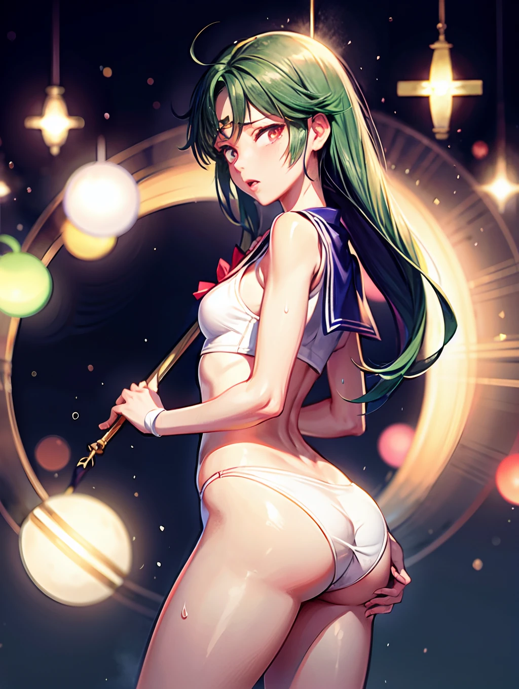 Sailor Pluto、Sailor Pluto costume、embarrassed from、nice butt、perfect buttocks、Turn around、full of sweat、Wearing sweat、panties small、Wearing sweat、full of sweat、 Ejaculation on the thigh、Thigh 1:5、