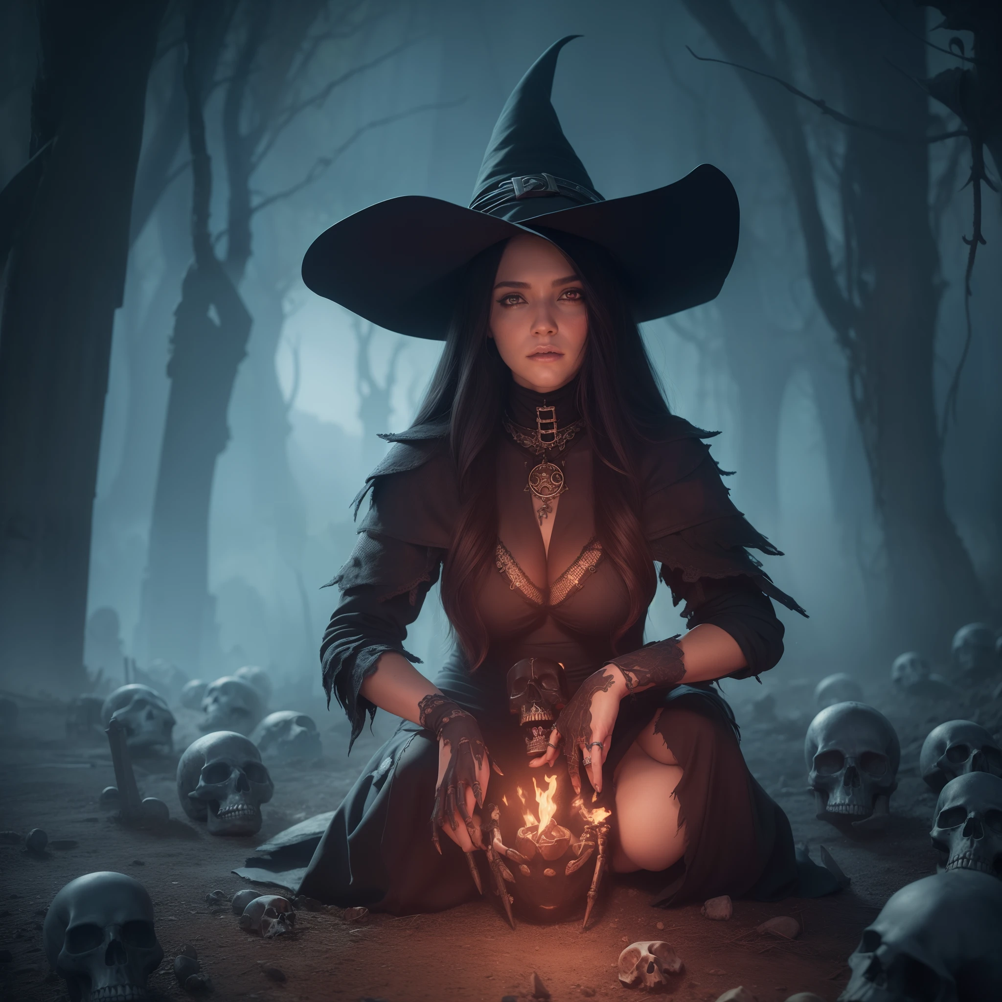 (A necromancer witch surrounded by skeletons.), masterpiece, HDR, UHD, 64K, highly detailed, professional photography, by Sergio Nogueira, trending on artstation, unreal engine, vivid colors, high resolution scanning