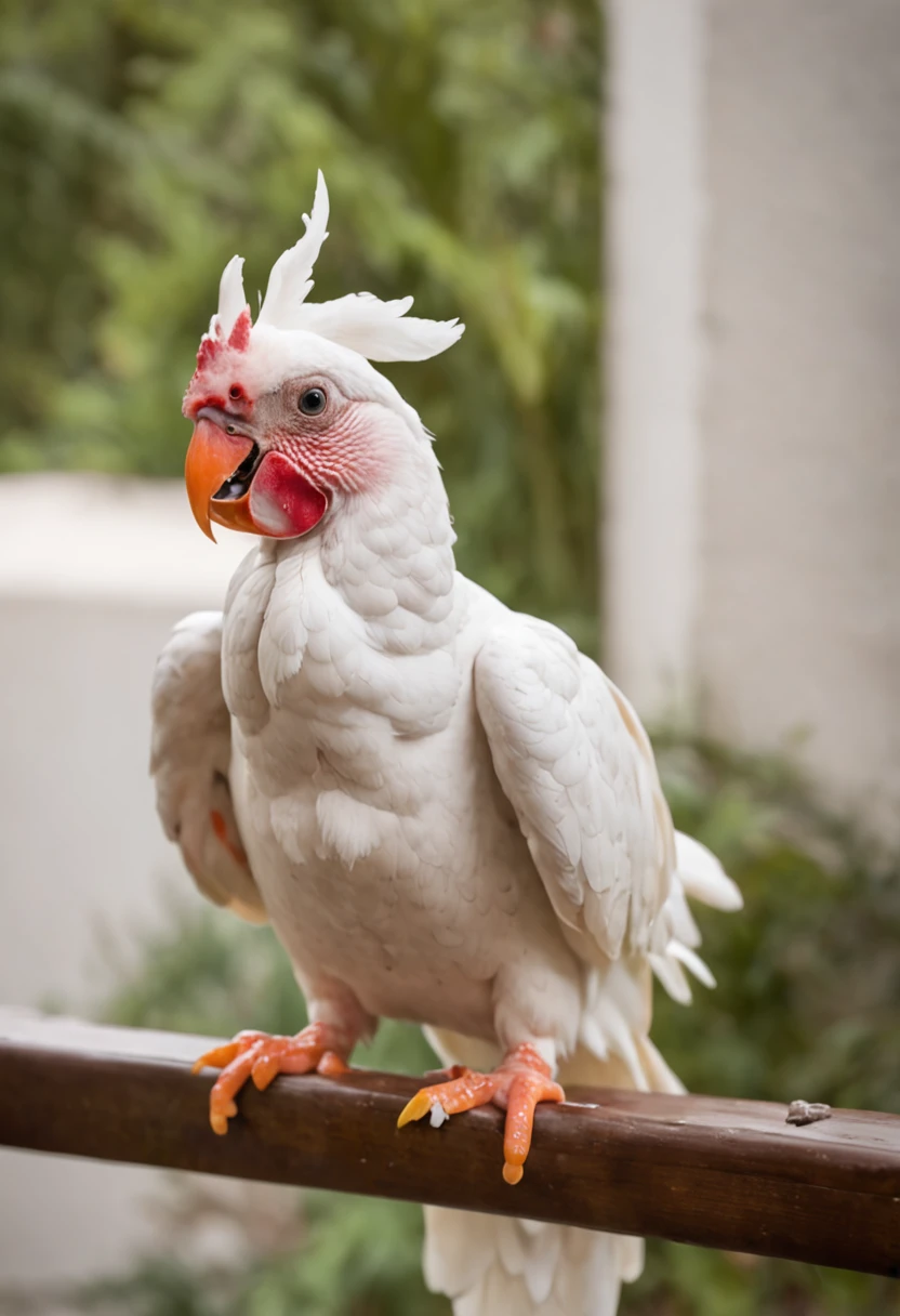 In the image in high resolution and high definition, We can see an adorable wet CACATUA BIRD after its bath. It is in a bright and spacious environment, onde a luz do sol entra pelas janelas, highlighting the drops of water that still cover your soft coat. CACATUA is standing on a shiny tile surface, and their paws are delicately resting on the edges of a fuzzy carpet. Com um olhar animado , swings the body from side to side, in a funny attempt to get rid of the remaining water drops. Some droplets are in the air, capturando o movimento do cachorro no momento exato em que ele abana o corpo. Their happy expression and trembling action perfectly capture the contagious joy and playful spirit of the BIRDS after a refreshing bath