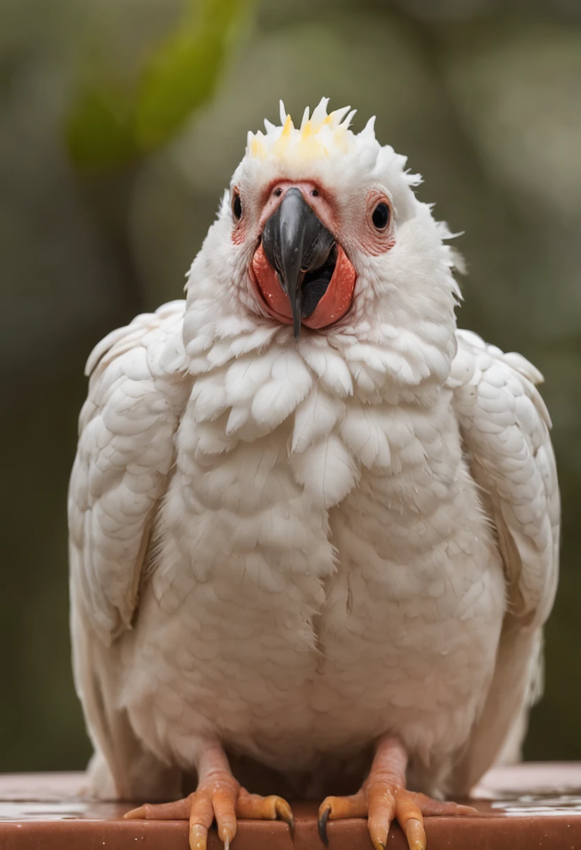 In the image in high resolution and high definition, We can see an adorable wet CACATUA BIRD after its bath. It is in a bright and spacious environment, onde a luz do sol entra pelas janelas, highlighting the drops of water that still cover your soft coat. CACATUA is standing on a shiny tile surface, and their paws are delicately resting on the edges of a fuzzy carpet. Com um olhar animado , swings the body from side to side, in a funny attempt to get rid of the remaining water drops. Some droplets are in the air, capturando o movimento do cachorro no momento exato em que ele abana o corpo. Their happy expression and trembling action perfectly capture the contagious joy and playful spirit of the BIRDS after a refreshing bath