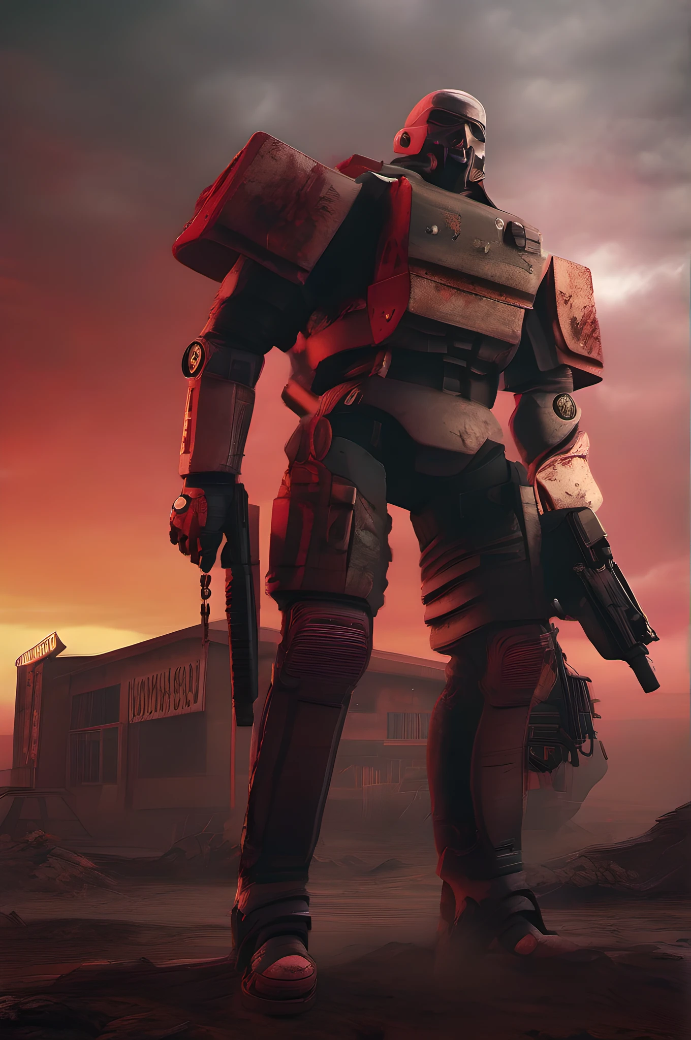 (((WOLFENSTEIN))), (Professional 3D rendering:1.3) de (Realistic:1.3) in a post-apocalyptic wasteland, The mind-blowing entity of the meat bread Cyborg stands against a blood-red sky, sua forma uma mistura de metal retorcido e carne grotesca, A symbol of technological corruption. The environment is a barren desert, with cracked earth and shattered remnants of civilization scattered around. The atmosphere is imbued with a sense of dread and hopelessness, as if the world itself was on the verge of collapse. The style is a dramatic digital painting, Usando BO