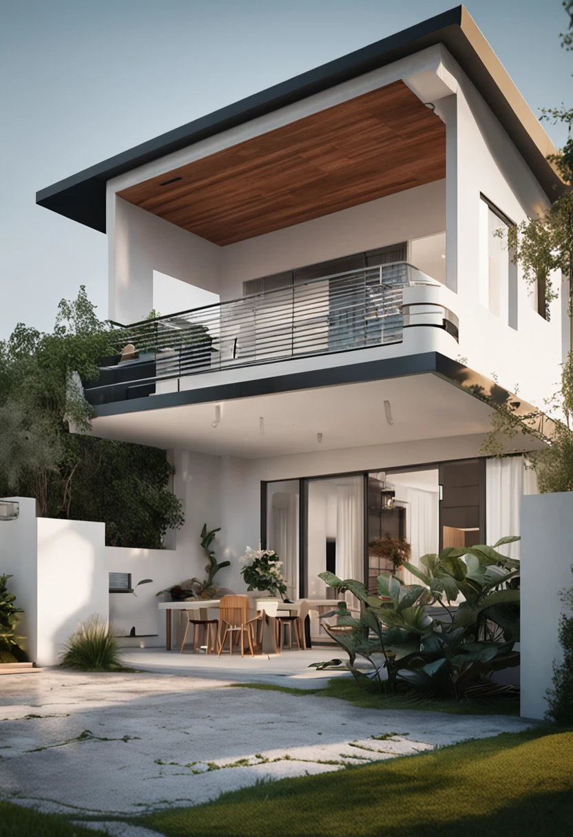 casa minimalista, 2 pisos,  de color blanco y jardin con arboles