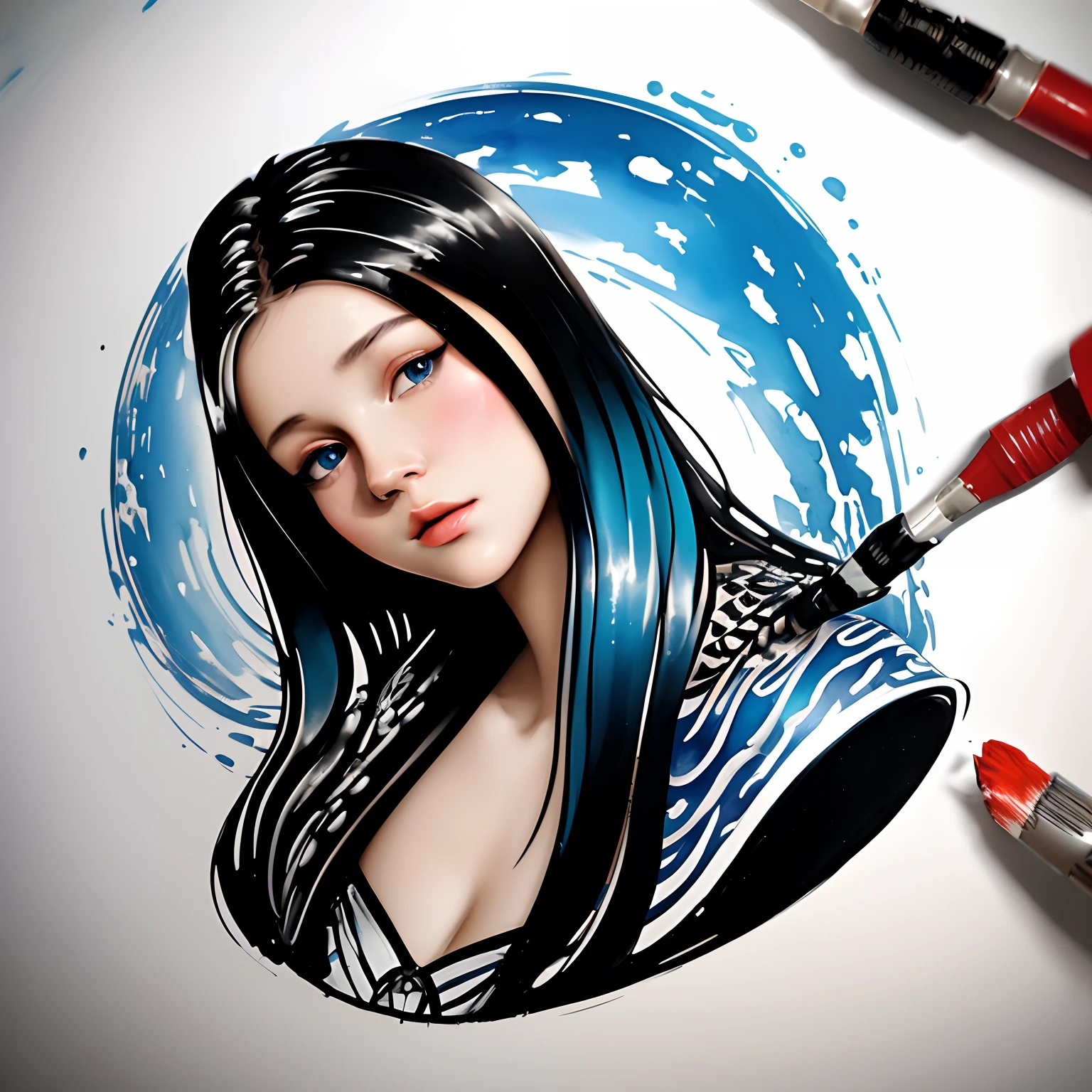 ready-to-print vector t-shirt art graffiti illustration of a rounded metallic Robot AI logo ： blue messy steel head, oil painted, perfect face, perfect face, intricate image, shades of blue，light red color added, 1024K resolution，rayban lens, A ArtStation digital painting, it is smooth and very flowing black ink：photorealistic masterpiece：intricately detailed fluid gouache painting：Written by Brunna Mancuso：calligraphy：propylene：watercolor art，Professional photographed，natural lighting，Minimalistic volumetric lighting photo illustration ：Written by Marton Bobzert： intricate，Ellegance，Sprawling，magical dream，Hair on fire，full of life, 3d illustration, Adobe illustration, artwork centered, scratch paint design, planet splash, ultra white background, add fluorescent vivid many artistic oil colors
