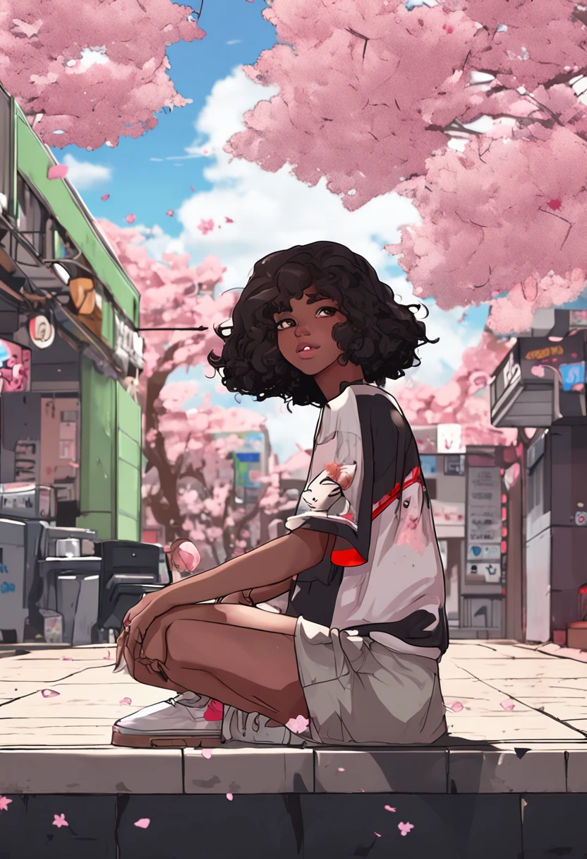1 girl, black young with medium length afro textured hair, anime sakura background, high res, ultrasharp, 8k, masterpiece, looking at viewer, sitting, crossed eye, dark skinned, black top with hello kitty logo, high waisted beige pants, cute pose, cherry blossom anime background.
