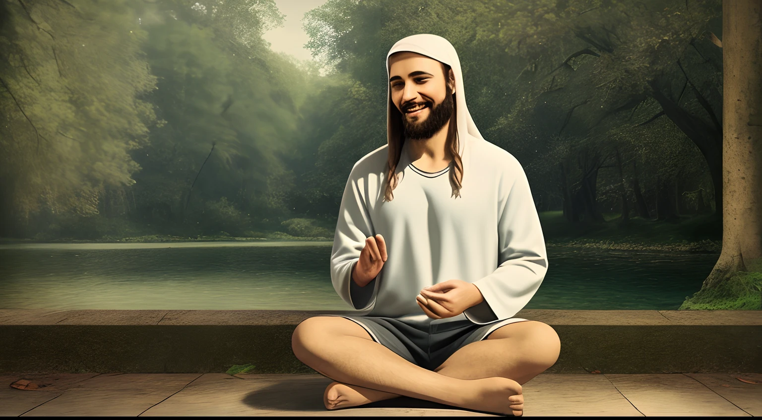 Crimaster part:1.2),best quality,(meditation:1.1), alone, Jesus Christ,smiling ,sitting,Realistic