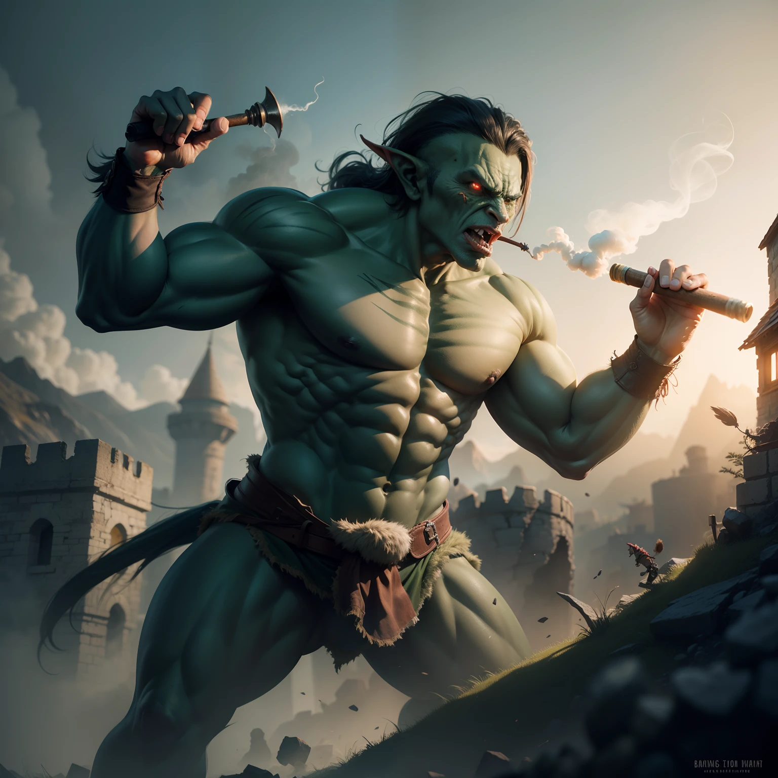 orc fighting with elf on top of abandon fortress, smoking blur, 8K, gesture