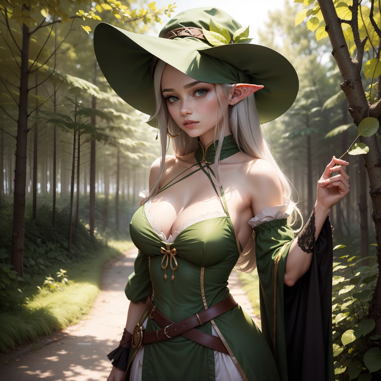 Im Hintergrund ist ein dichter Wald, a slender elf with small breasts, It has a long green foliage, Sie hat lange Haare und Elfenohren aus Spitze, gekämpftes Hair, lange unordentliche offene Haare, sie hat helle haut, ohr kleid ist tief ausgeschnitten, green leaves cover her breasts, Sie hat langes, loose hair and wears (keine kopfbedeckung), a bow hangs around her shoulders,