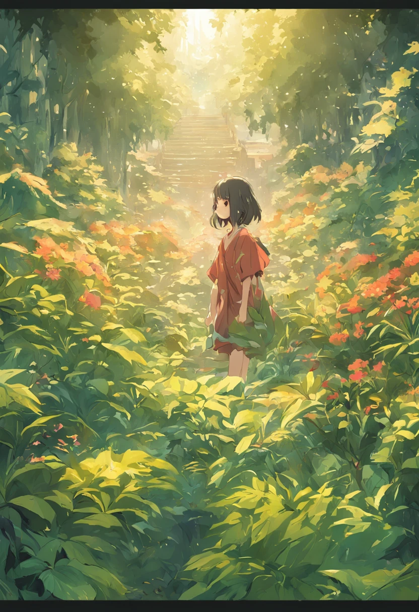 a girl in the middle of a garden with lots of plants