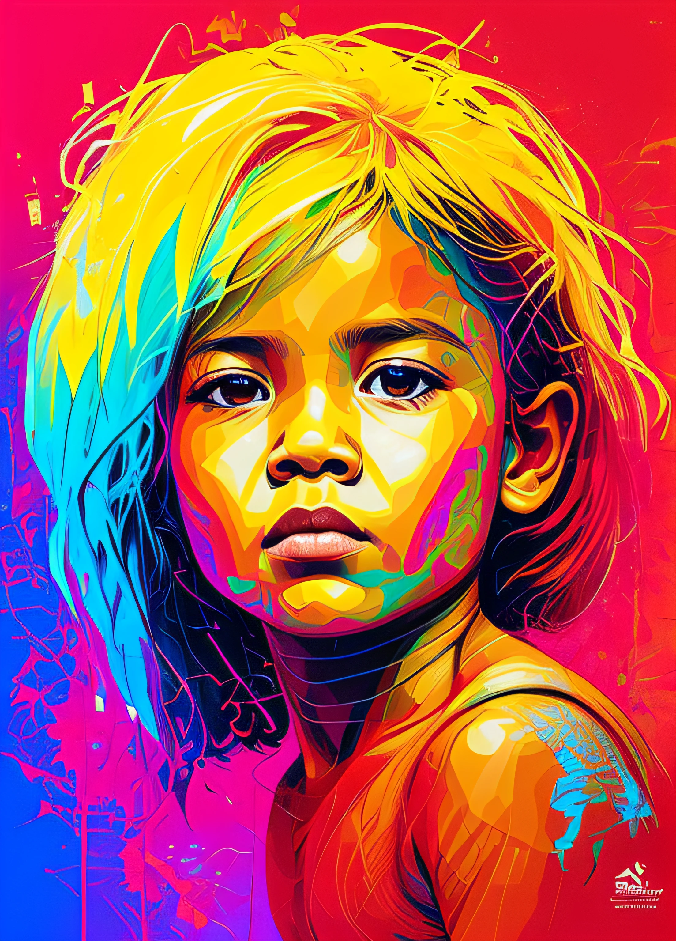 A painting of a beautiful 8-year-old Brazilian indigenous child, olhando para o lado, on a geometric background with squares and rectangles, Graffiti por Carne Griffiths, Behance, grafity, chromatic, Artwork, cores vibrantes