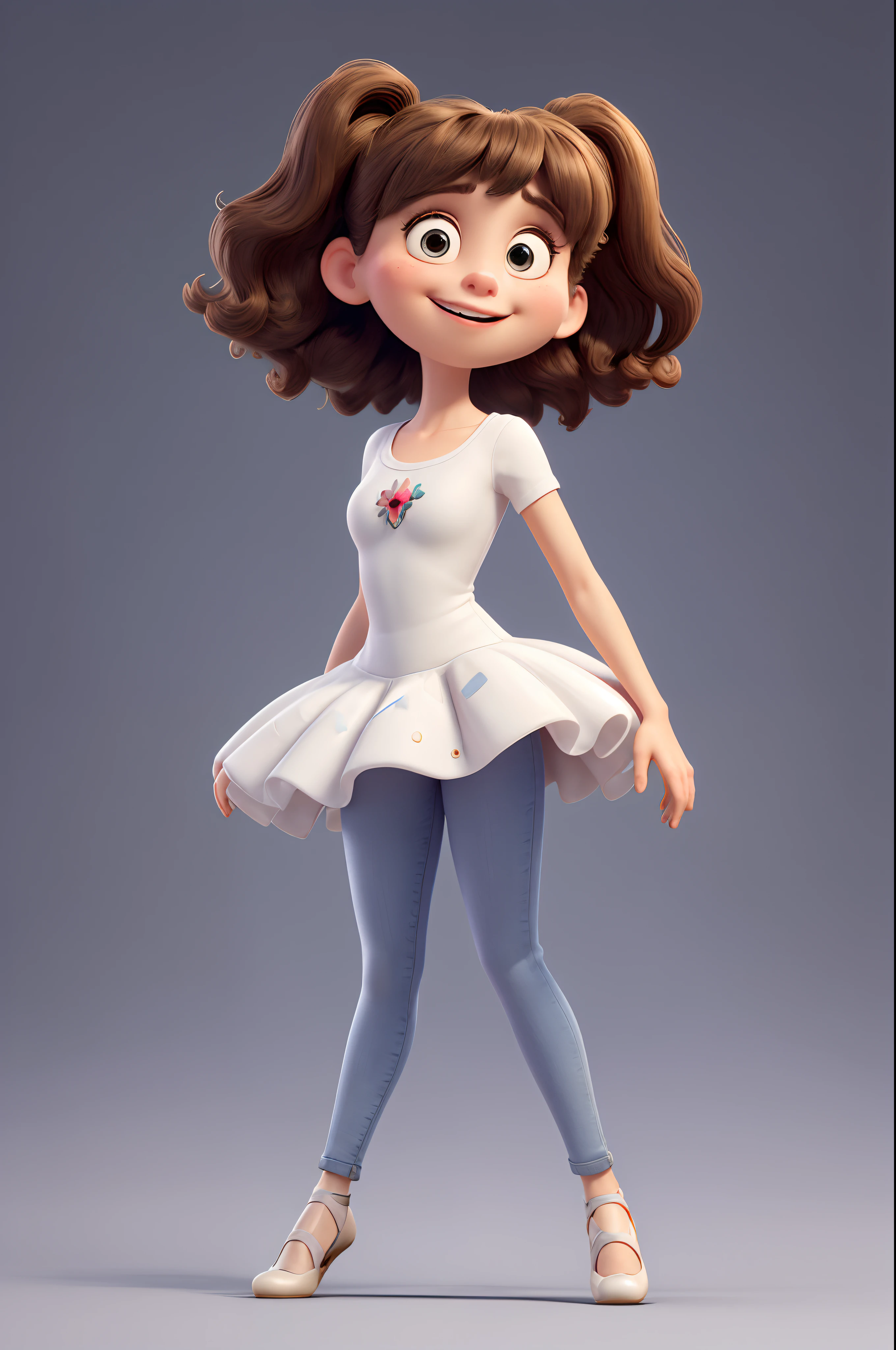 Cartoon Caricature, Adorable, Big Eyes Girl, Smileing,whitebackground, Her hands are in graceful ballet mode, Wear long jeans and shoes, small ears;;, Full body, intense colors, Very valuable details, complex details, volumetric lighting, digital art, 8k, trending on Artstation, Clear focus, complex details, highly detail, Greg Rutkowski Big Eyes, high-resolution,