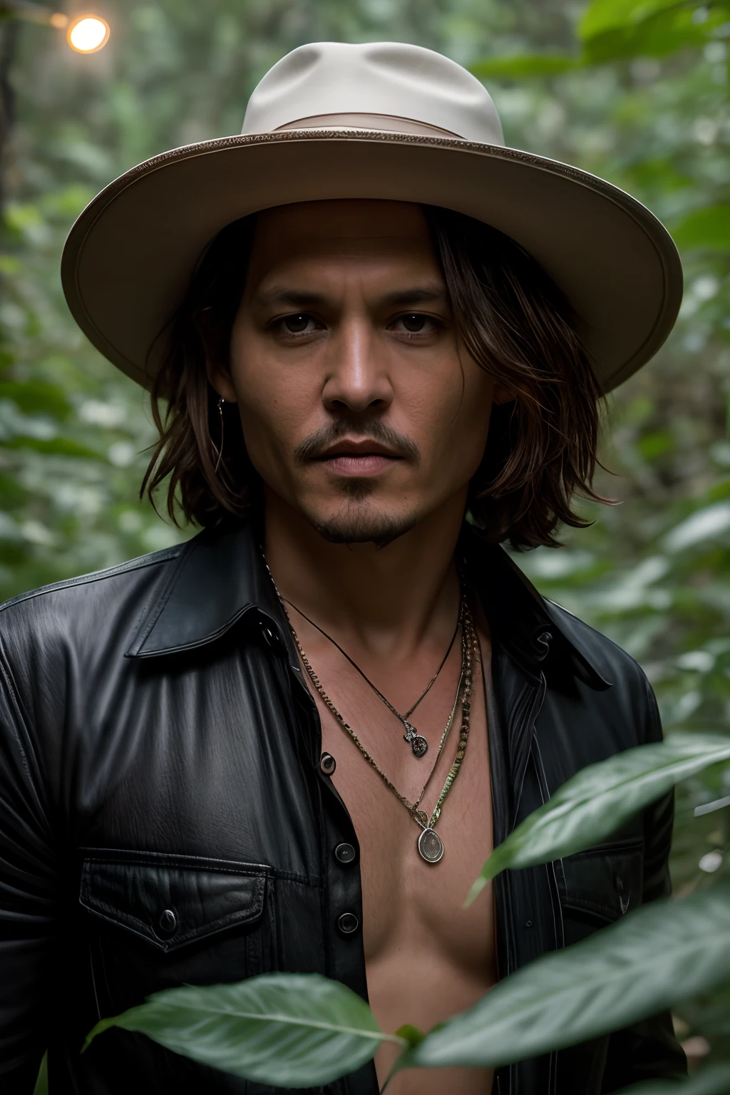 masterpiece, johnny depp walking through jungle at night among fireflies, (high detail:1 1), rough face, natural skin, high quality, nsfw, beautiful eyes, (detailed face and eyes), (face: 1 2), noise, extra, real photo, PSD, lamp film photography, sharp focus, contrast lighting, detailed skin, high resolution 8k, crazy detail, realistic, professional photography, 8k UHD, SLR camera, soft lighting, high quality, film grain, Fujifilm XT3
