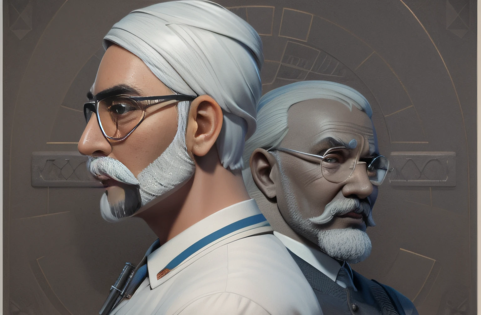 Hay dos hombres con cabello blanco y gafas parados uno al lado del otro., Plano medio de dos personajes, Arte digital 3D detallado, cinematic bust portrait, Personajes 3D, Obras de arte al estilo de Guweiz, Artista 3D de alquiler, Retrato de CGsociety, Personajes altamente detallados, Primer plano del arte del personaje, Modelos de personajes de alto detalle, Retrato hiperdetallado