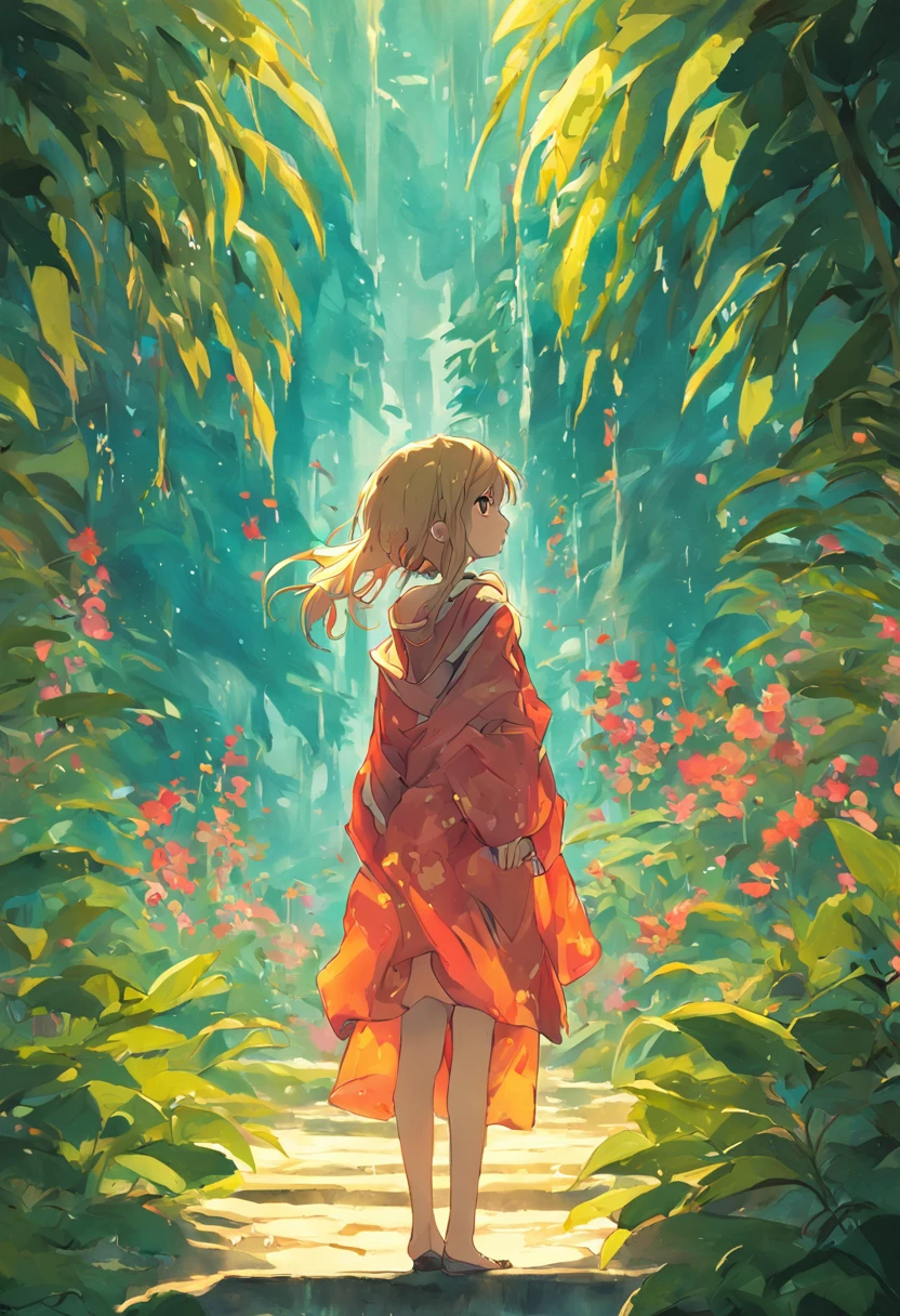 "A girl gracefully stands amidst a vibrant botanical oasis."