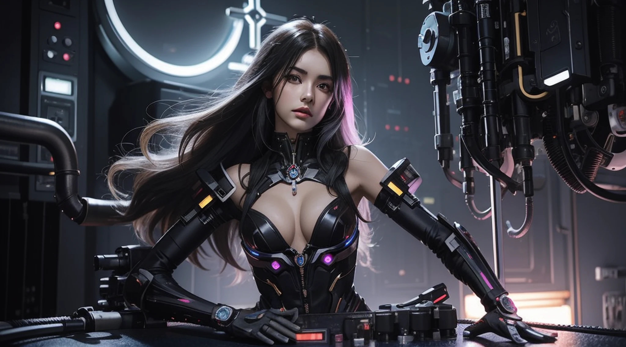 cabelos brancos、long, flowing hair、Brisa forte、olhos alaranjados、Olhos Radiante、Menina Evangelion、Pequeno Tit、The breasts are small and size B、The face and chest are alive、cleavage is visible。fotoRealstic、Portfolio、Terno mecha de metal estilo Evangelion、um oppai cyberpunk、Gothloli detalhes、metalic、Detailed mechanical components、Feixe de tubos finos、cilindro de metal、Neon detalhado、LED fino、fine parts、Bottom machine city、