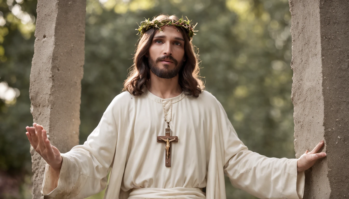 jesus Cristo ressuscitado com o corpo glorificado brilhante saindo do sepulcro